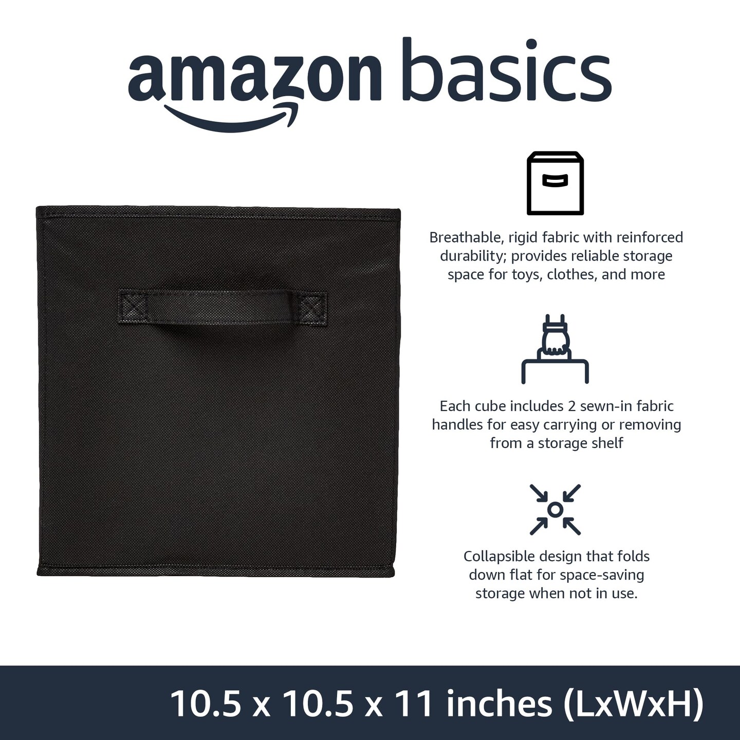Amazon Basics Cube Organizer Storage Bins Handles, Collapsible Fabric, Pack of 6, 10.5&#x22;x10.5&#x22;x11&#x22;, Black