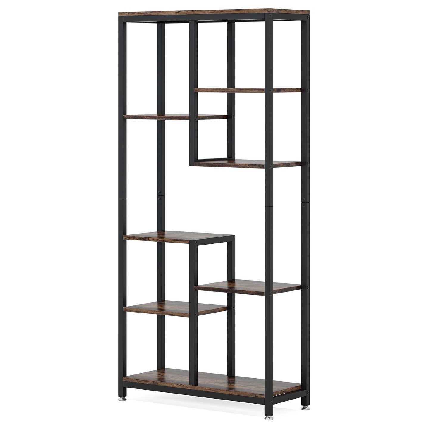 Industrial 8 Tier Bookshelf Rustic Brown Black Wood Metal Bookcase Storage Display Shelf Freestanding Organizer