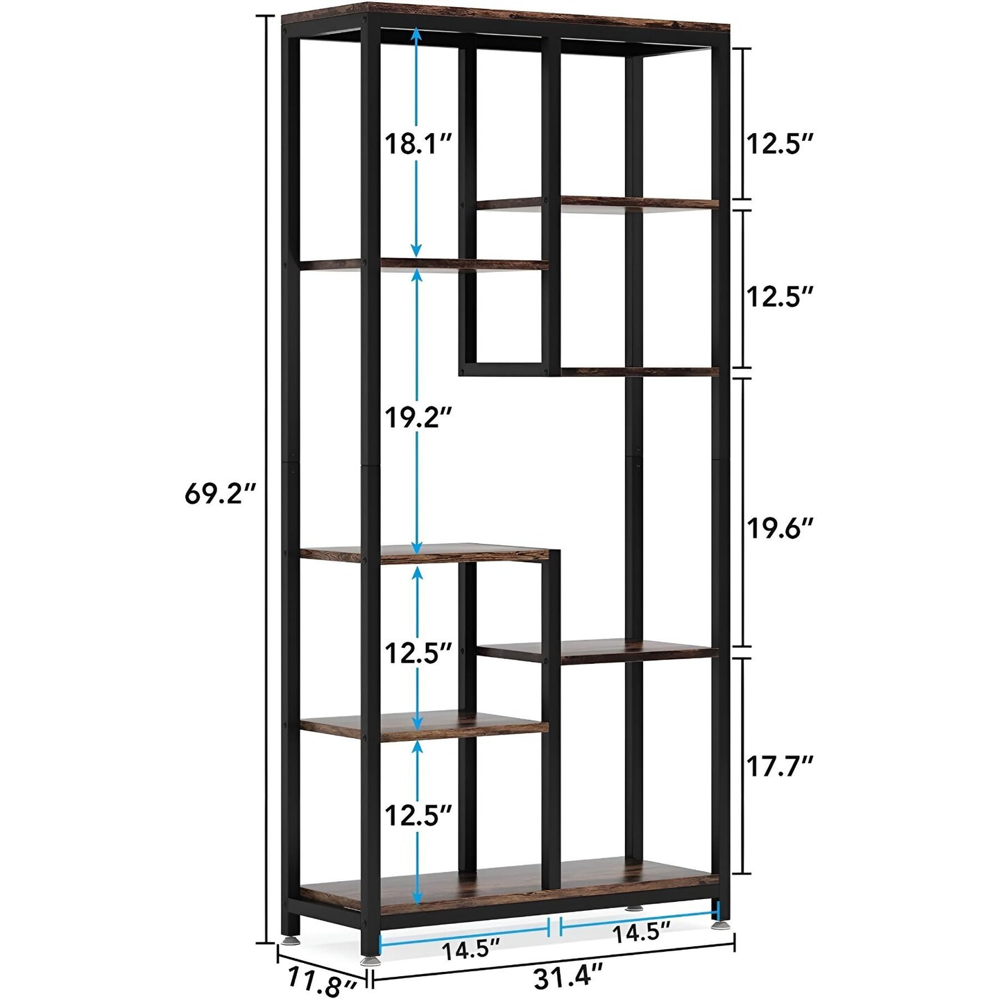 Industrial 8 Tier Bookshelf Rustic Brown Black Wood Metal Bookcase Storage Display Shelf Freestanding Organizer