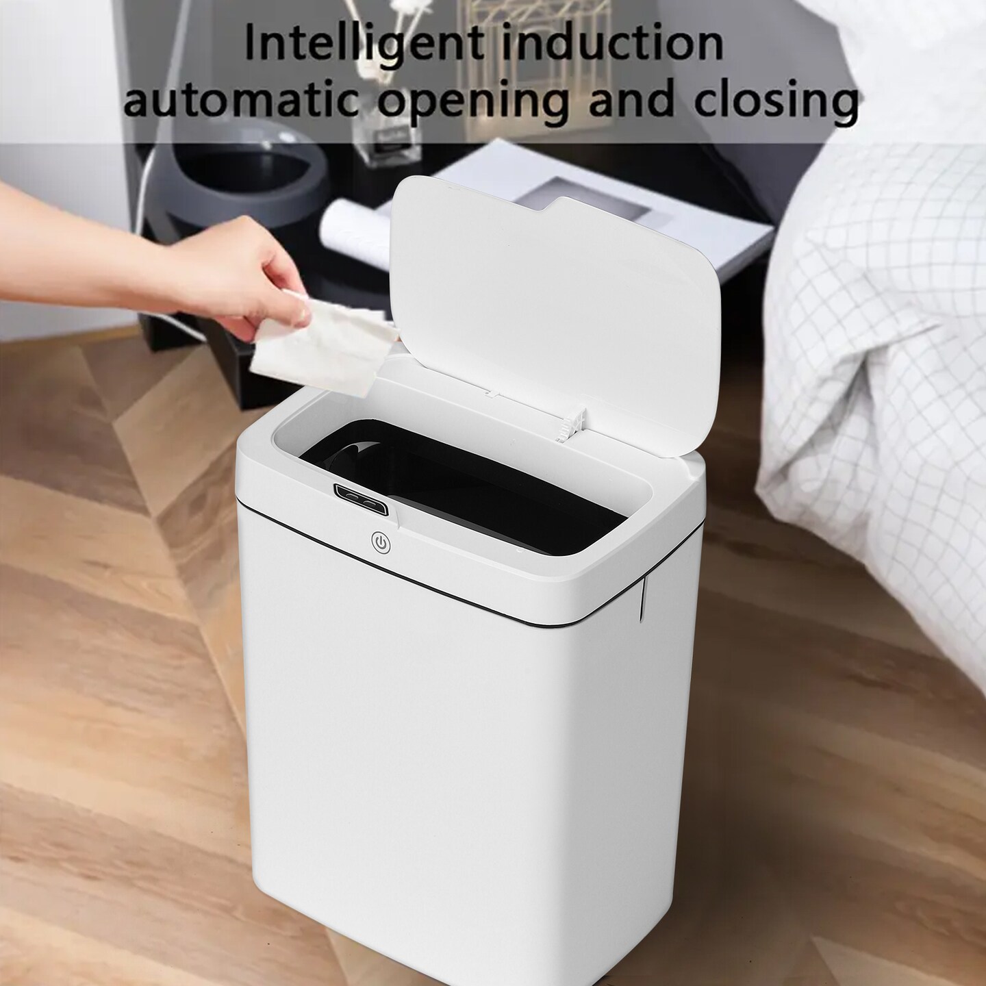 Smart White Bathroom Trash Can with Touchless Motion Sensor - Slim Design, 3-Mode Opening (Motion, Manual, Kick), Ideal for Cat Litter Disposal, Perfect for Bedroom, Office & Kitchen Use