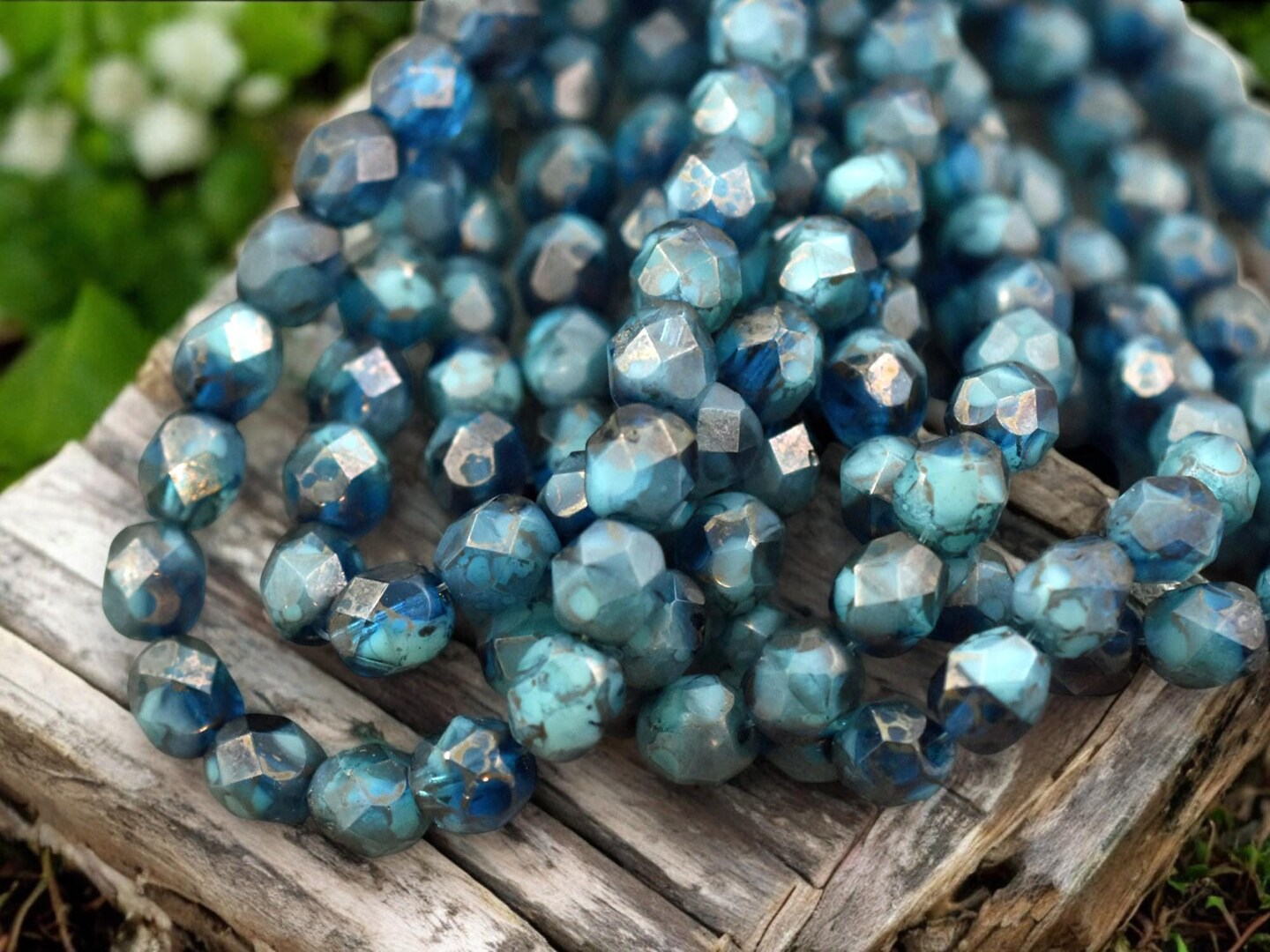 *25* 6mm Teal Marble Luster Fire Polished Round Beads