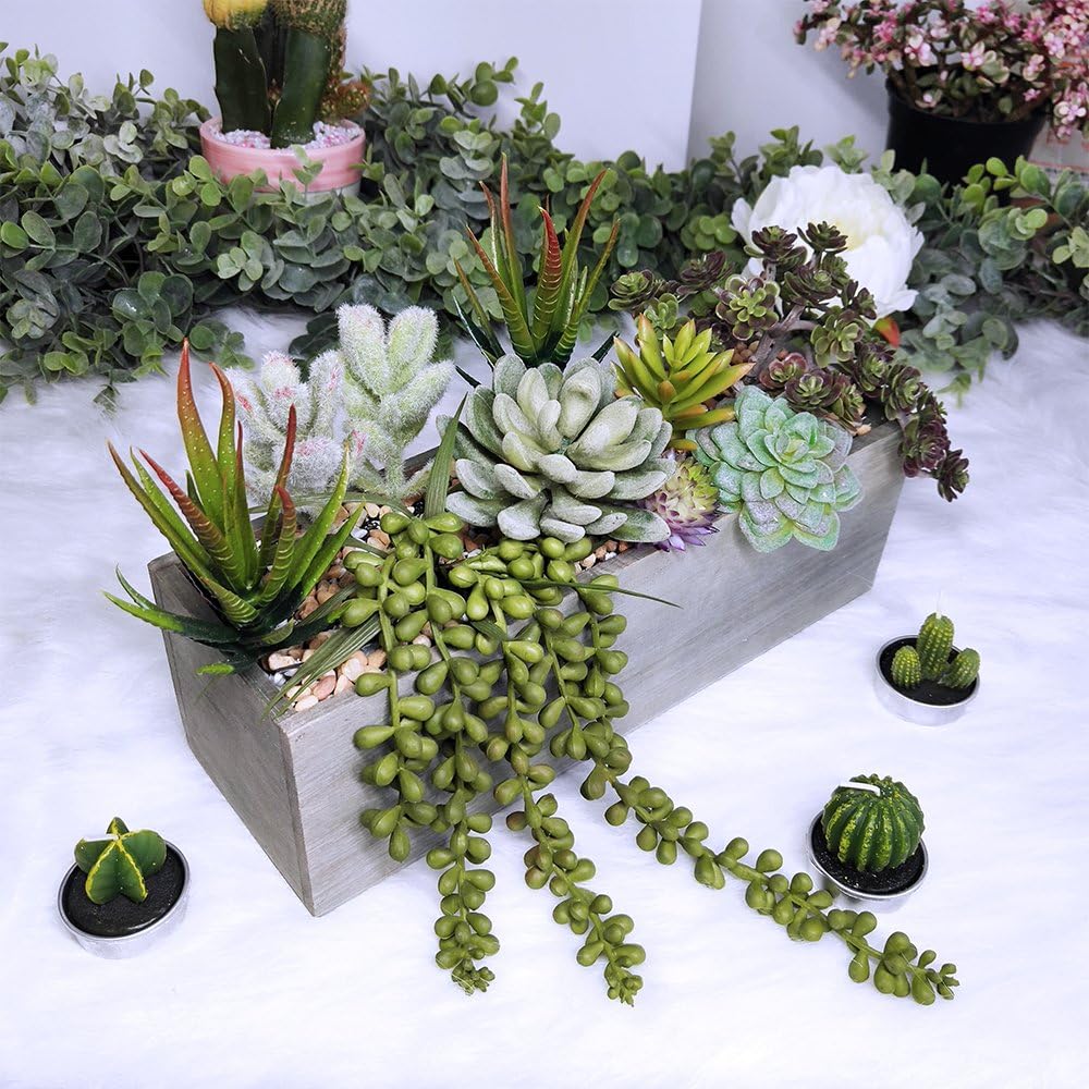 Artificial Succulent Arrangement – Rustic Greenery in Wooden Pot