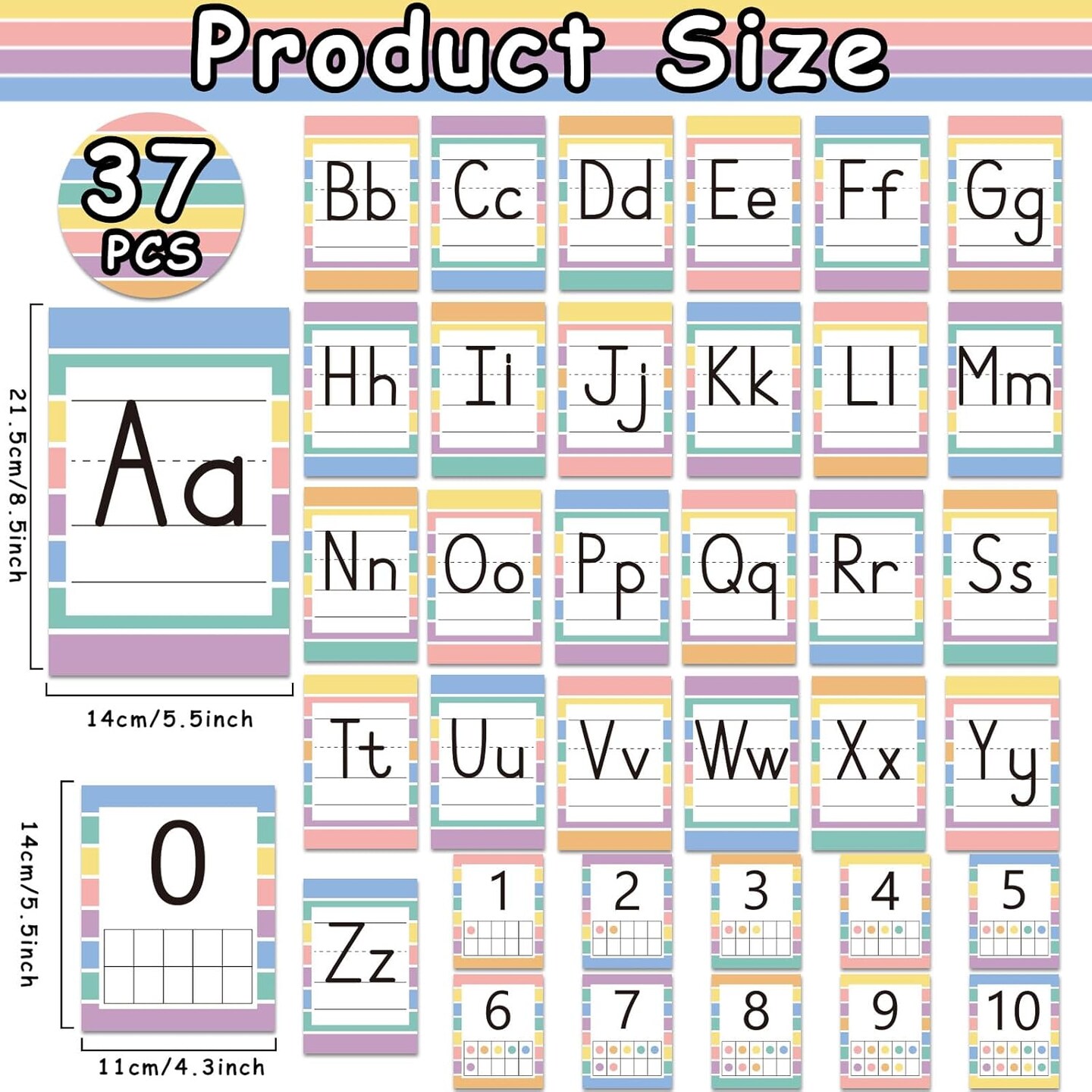 37 PCS Pastel Colors Stripes Classroom Alphabet Number Educational Poster Cards