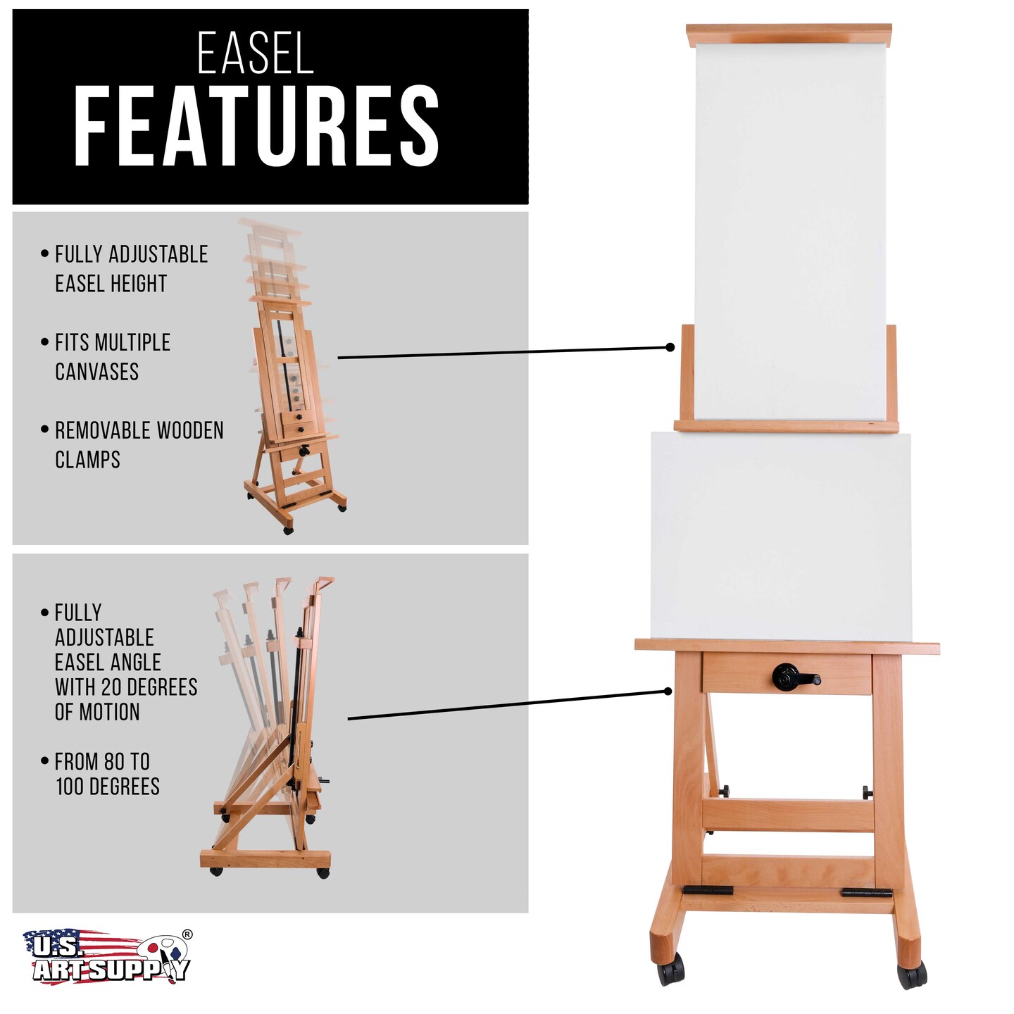 Double Rocker Crank Heavy Duty Extra Large Wooden Studio Floor Standing Easel - Double Mast Adjustable H-Frame Art Easel for Painting, Canvas Holder, Display Stand with Locking Wheels