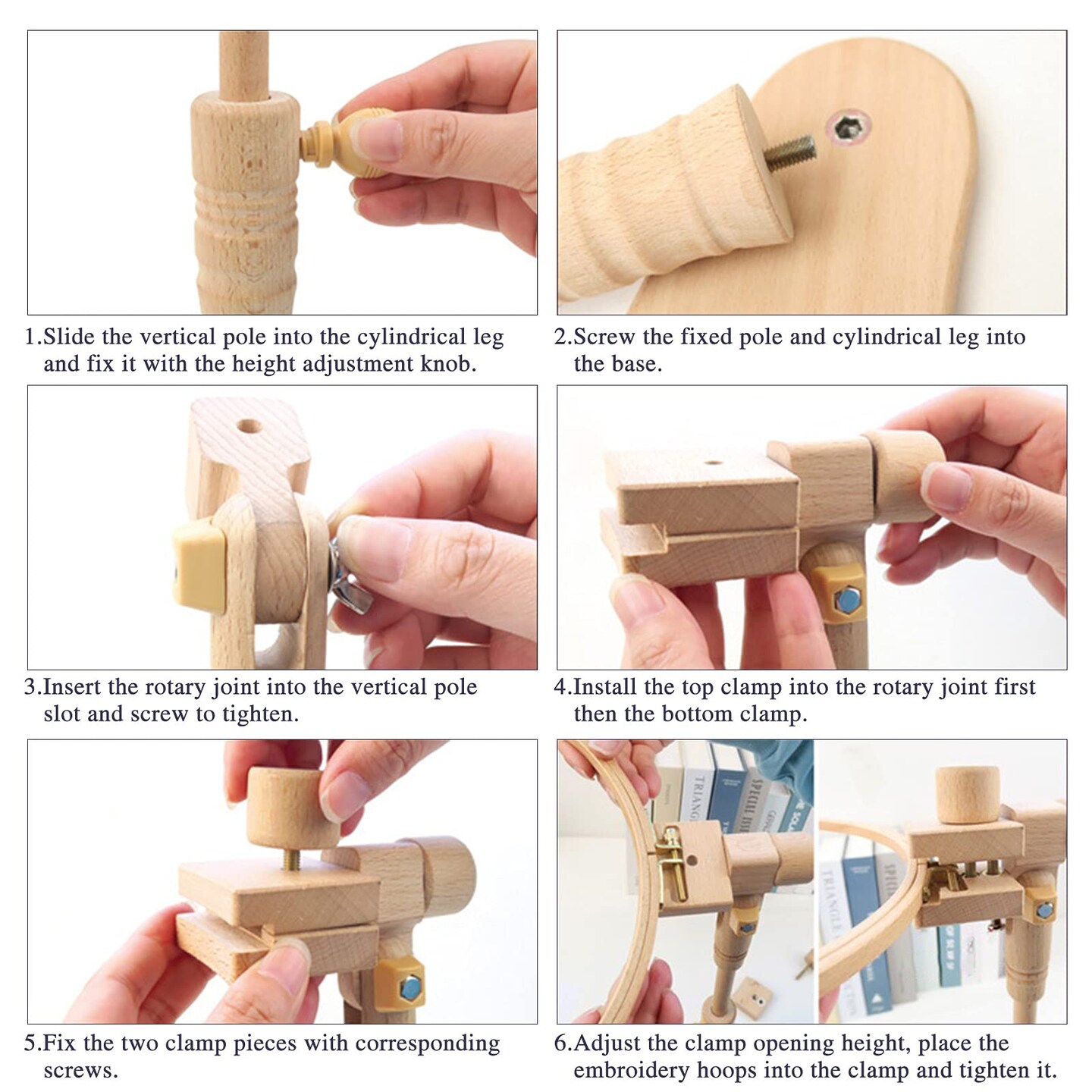 Beech Wood Adjustable Rotated Embroidery Hoop Stand with 2 Pcs 6'' 8'' Embroidery Hoops, Wooden Embroidery Stand, Embroidery Hoop Holder for Cross Stitch and Embroidery Project (A)