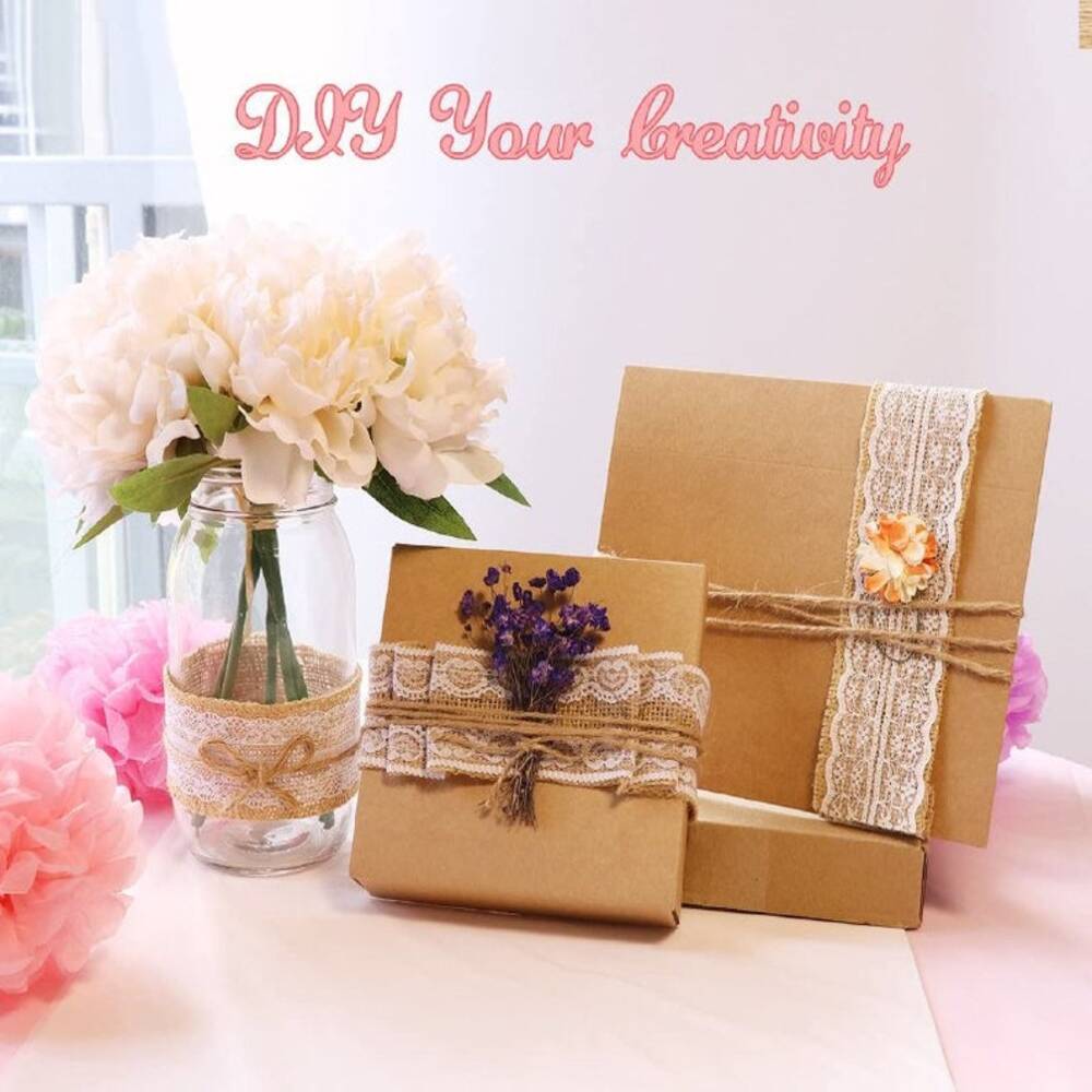 Burlap Ribbon with White Lace – 6 Rolls Rustic Ribbon for DIY Crafts, Candle Decor, Wedding & Party Decorations