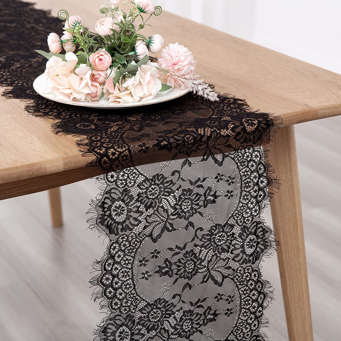 Lace Table Runner Vintage Black Lace Rustic Wedding Table Decor 14 x 120 inches Long