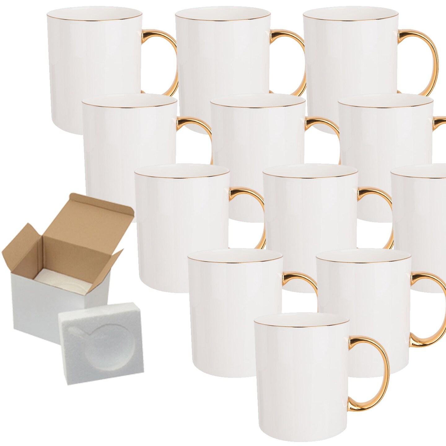 12 Pcs 11OZ Gold Rim & Handle Sublimation Mugs With Foam Support Boxes