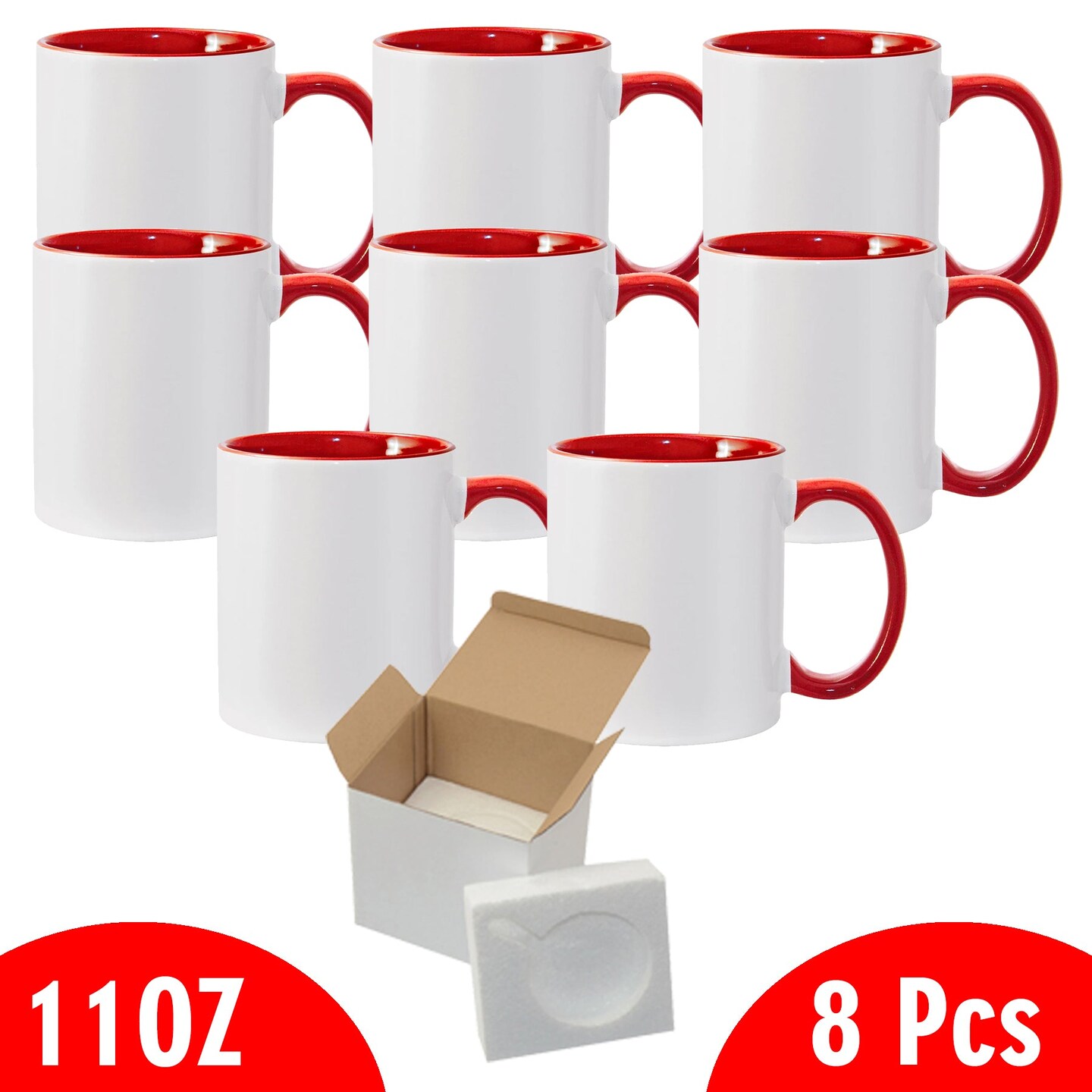 8 Pcs 11OZ Red Inner &#x26; Handle Sublimation Mugs With Foam Support Boxes