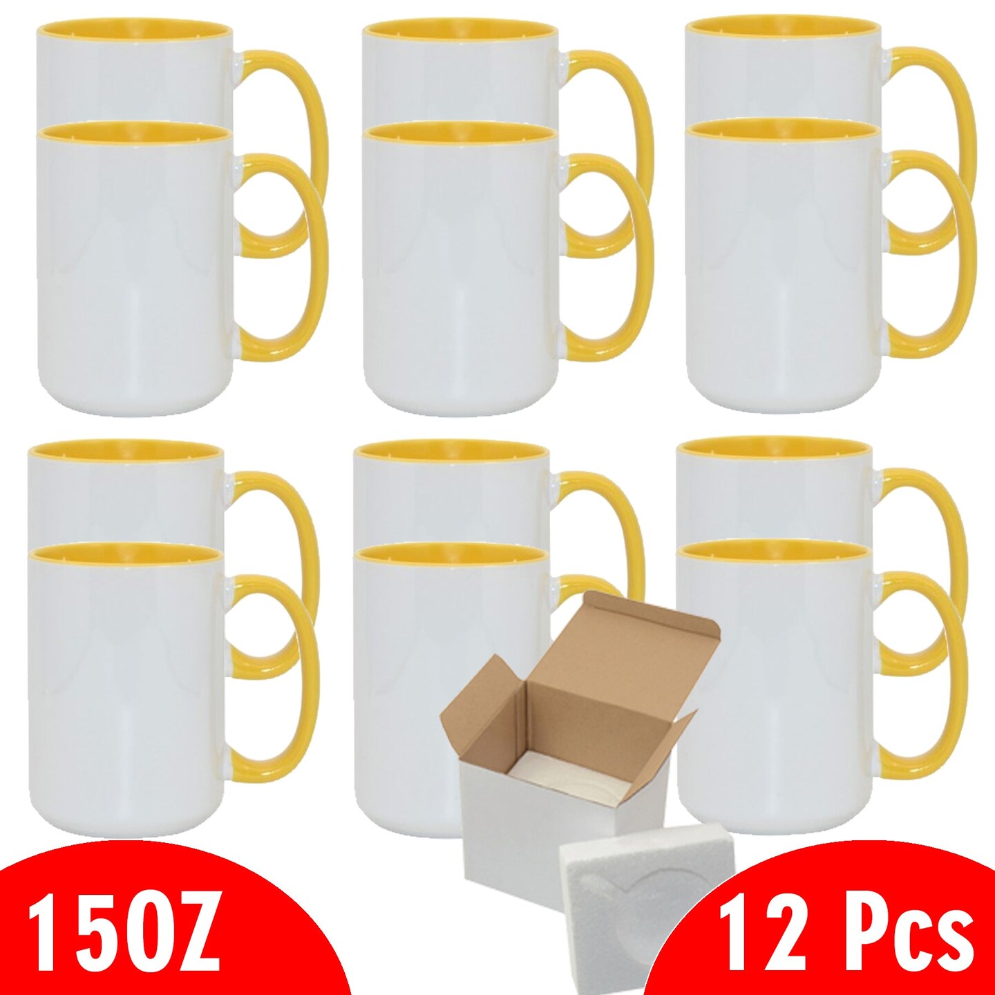 12 Pcs 15OZ El Grande Yellow Inside & Handle Sublimation Mugs With Foam Support Boxes