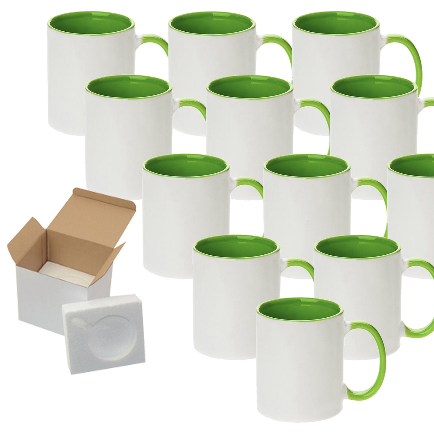 11 oz White Ceramic Sublimation Coffee Mug with LT GREEN Colors Inside/Handle - Cardboard Box with Foam Supports Case of 12