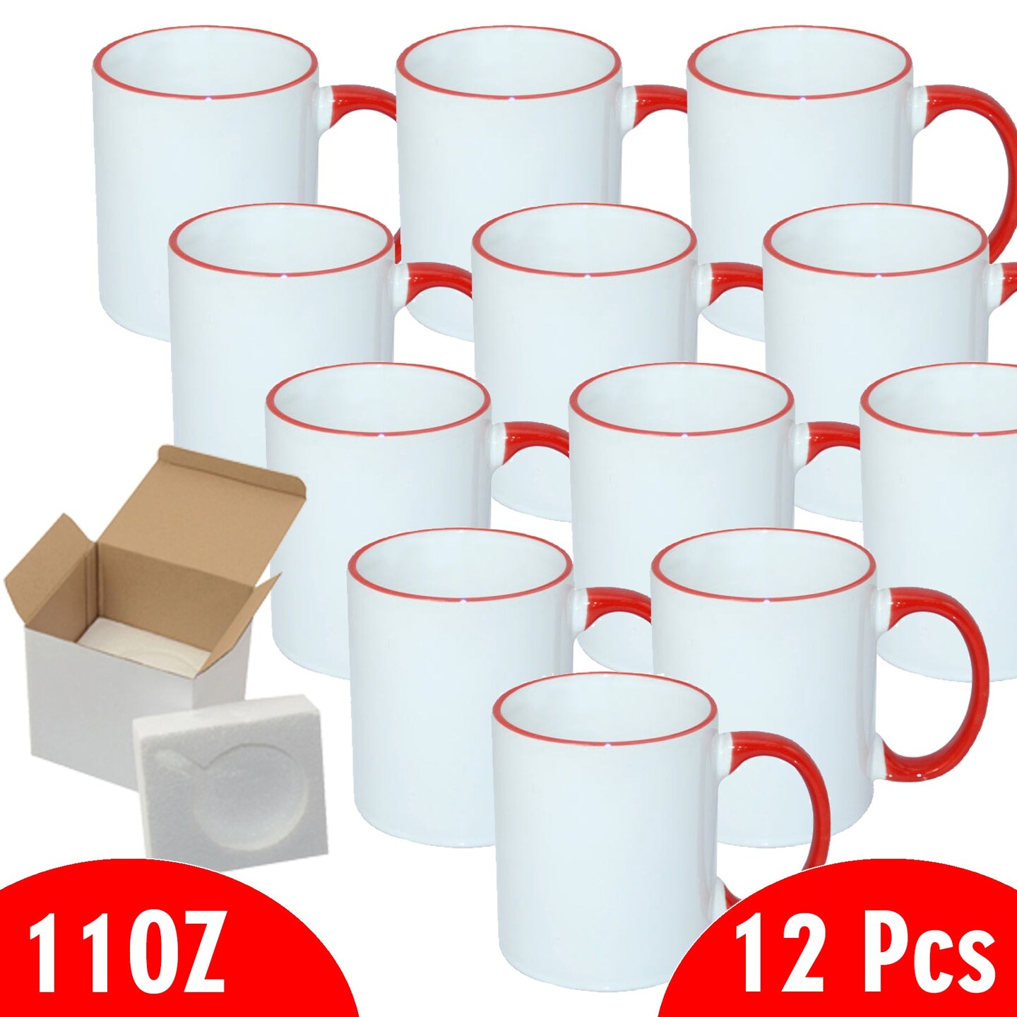 12 Pcs 11OZ Red Rim & Handle Sublimation Mugs With Foam Support