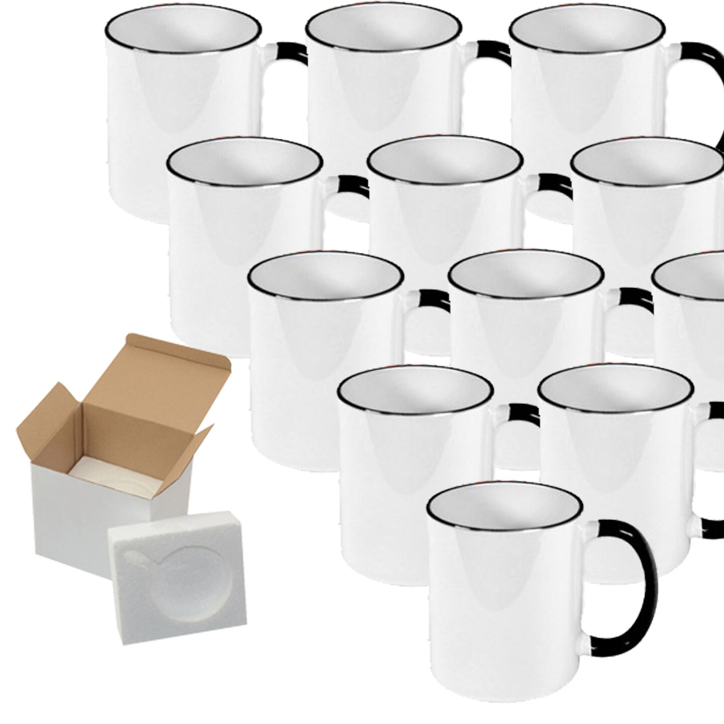 Case of 12 Pcs 11oz Sublimation Blank All White and Black with Black Handle-Case Mugs With Gift Mug Box. Mugs - Cardboard Box with Foam Supports