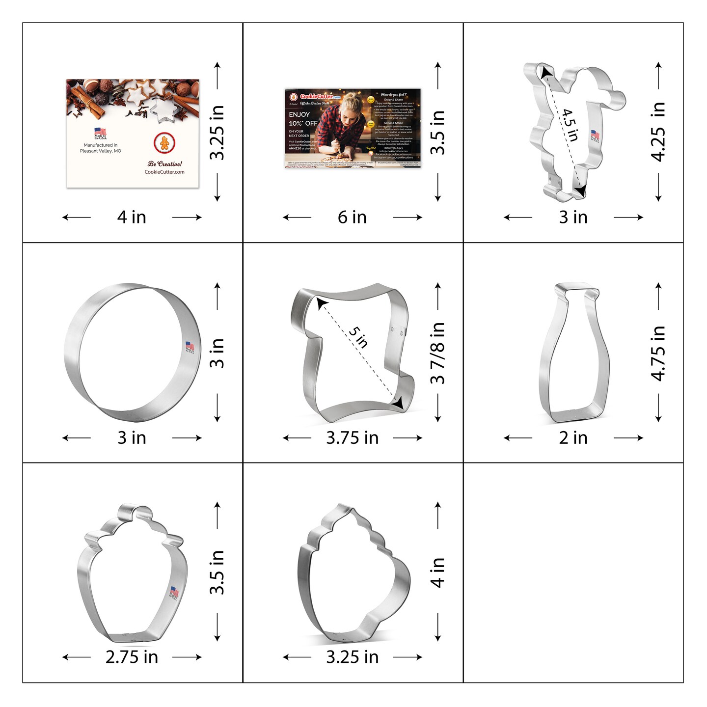 CookieCutter.com 6 Piece Christmas Santa Cookie Cutter Set Scroll, Milk Bottle, Waving Santa, Circle Cookie, Cookie Jar, Coffee Mug, Metal Shapes Made in USA, Silver