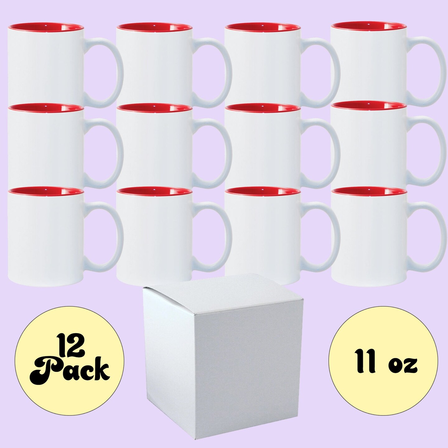 12 PACK 11 oz. Ceramic Mug - RED Two-Tone Sublimation Blank Mugs - RED Inner and WHITE Handle - Individually Packed in a White Gift Boxes