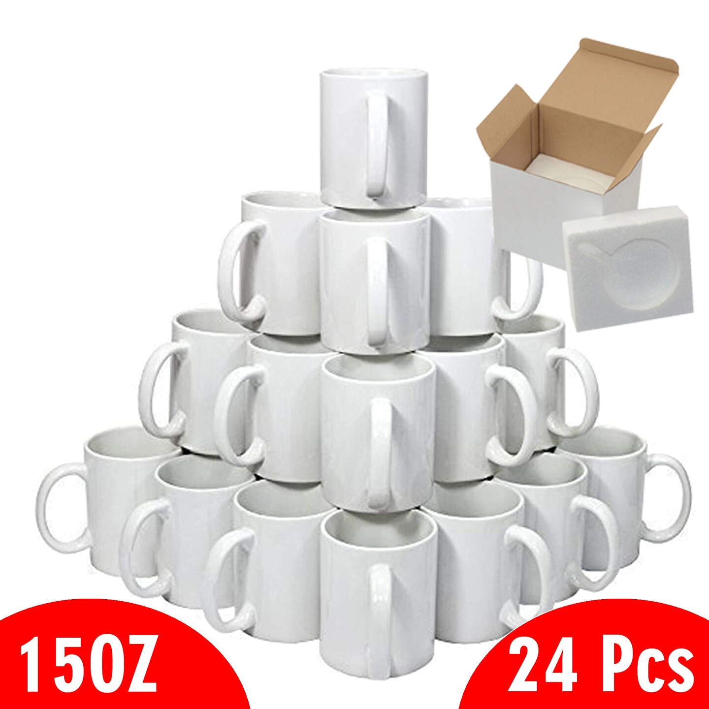 24 Pcs 15oz Sublimation Mugs With Gift Mug Box. Mugs - Cardboard Box with Foam Supports