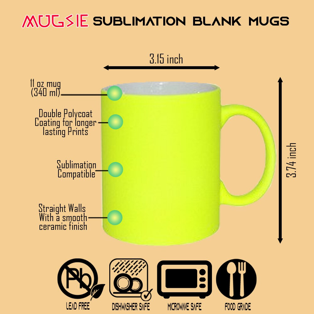 6 PACK 11OZ YELLOW Fluorescent / Neon Sublimation Mugs with Foam Supports Cardboard Boxes