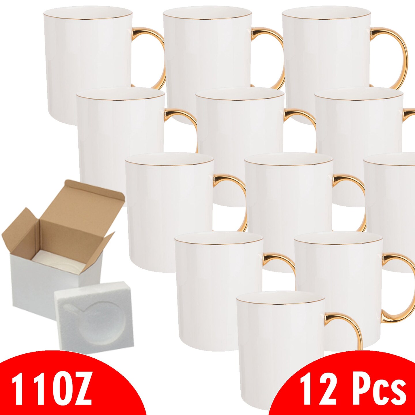 12 Pcs 11OZ Gold Rim & Handle Sublimation Mugs With Foam Support Boxes
