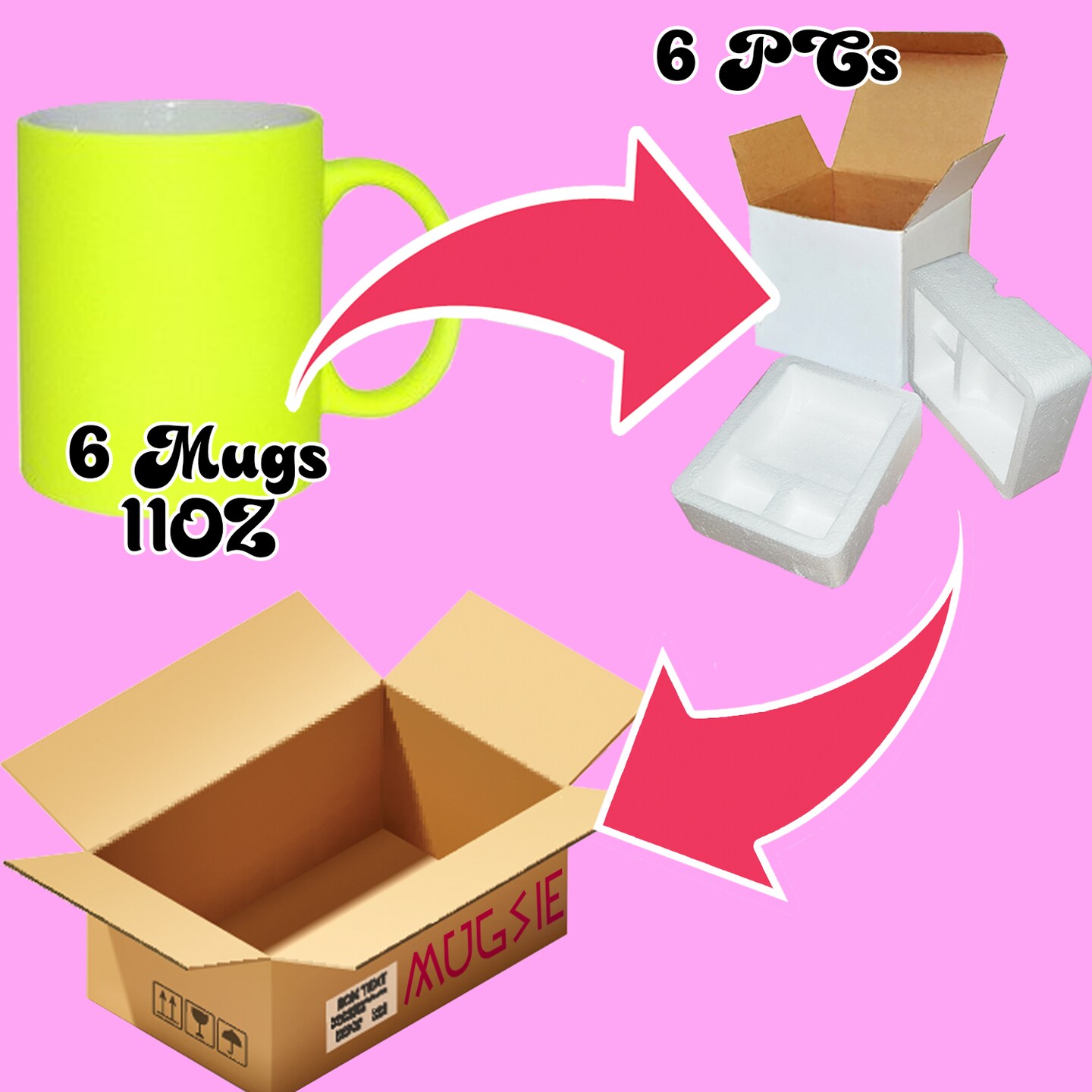 6 PACK 11OZ YELLOW Fluorescent / Neon Sublimation Mugs with Foam Supports Cardboard Boxes