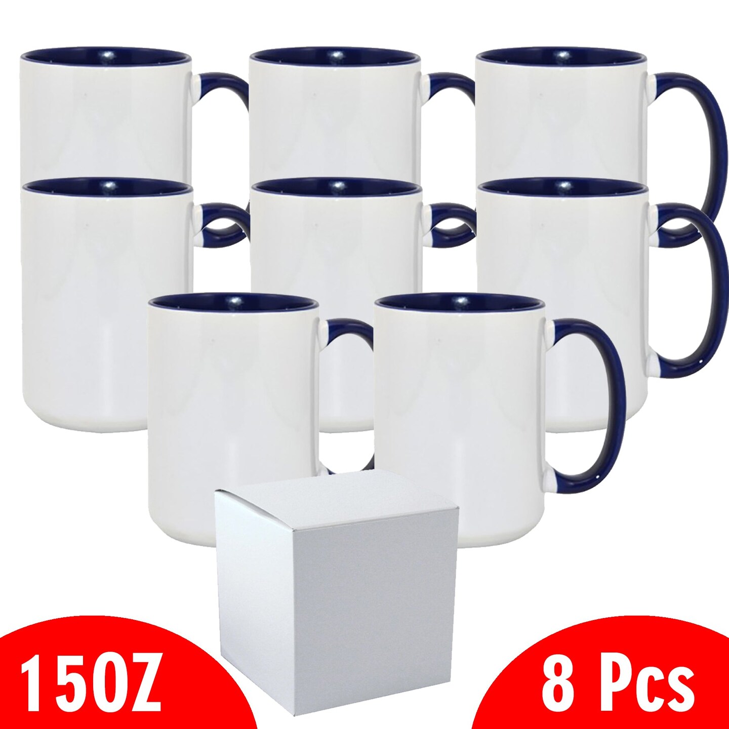 8 Pcs 15OZ El Grande Dark Blue Inside & Handle Sublimation Mugs With Foam Support Boxes