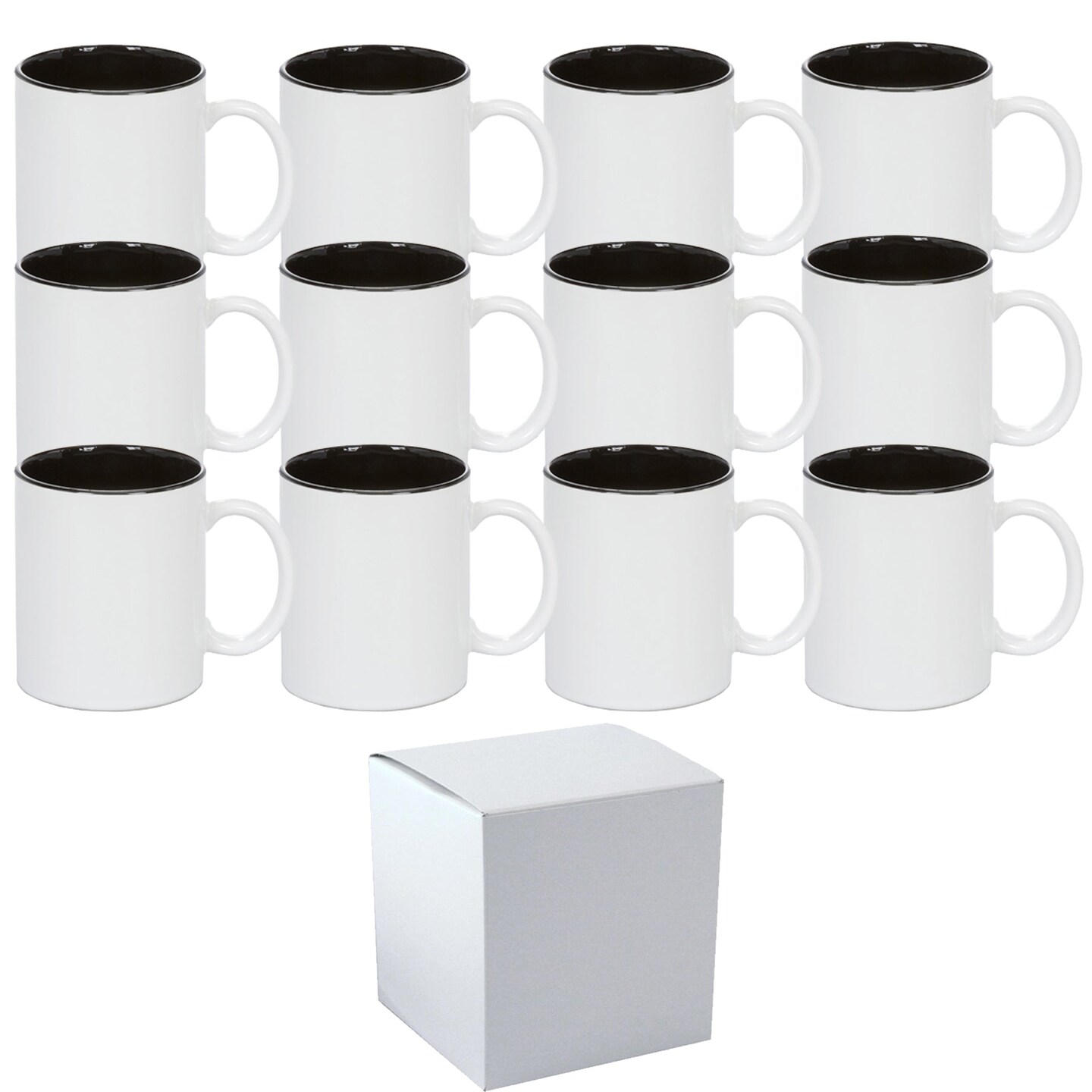 12 PACK 11 oz. Ceramic Mug - Two-Tone Sublimation Blank Mugs - BLACK Inner  and WHITE Handle - Individually Packed in a White Gift Boxes