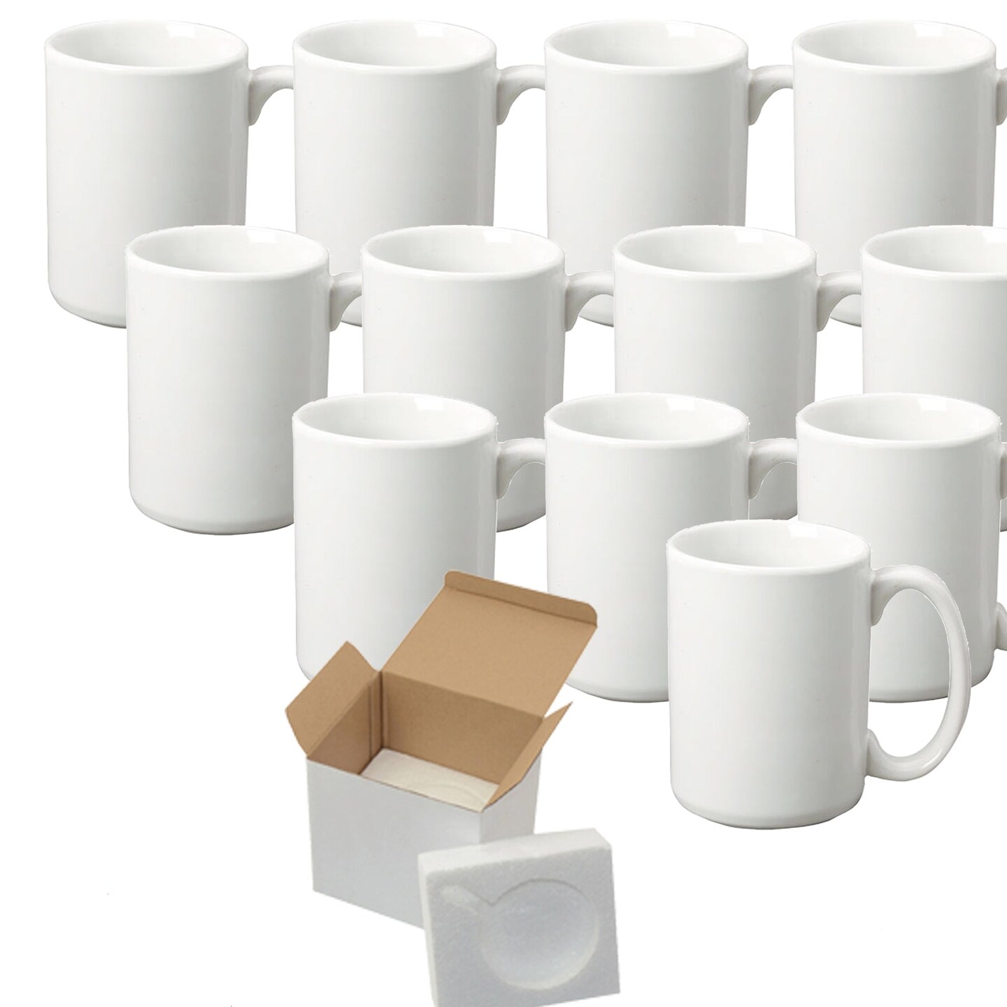 Case of 12 15oz Sublimation Mugs With Gift Mug Box. Mugs - Cardboard Box with Foam Supports