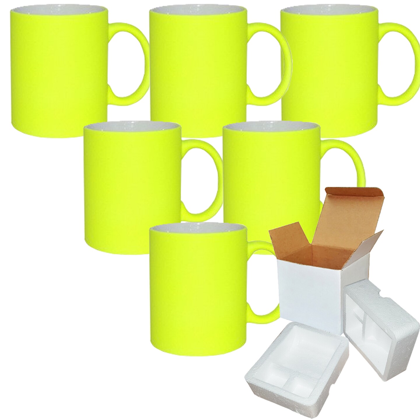 6 PACK 11OZ YELLOW Fluorescent / Neon Sublimation Mugs with Foam Supports Cardboard Boxes