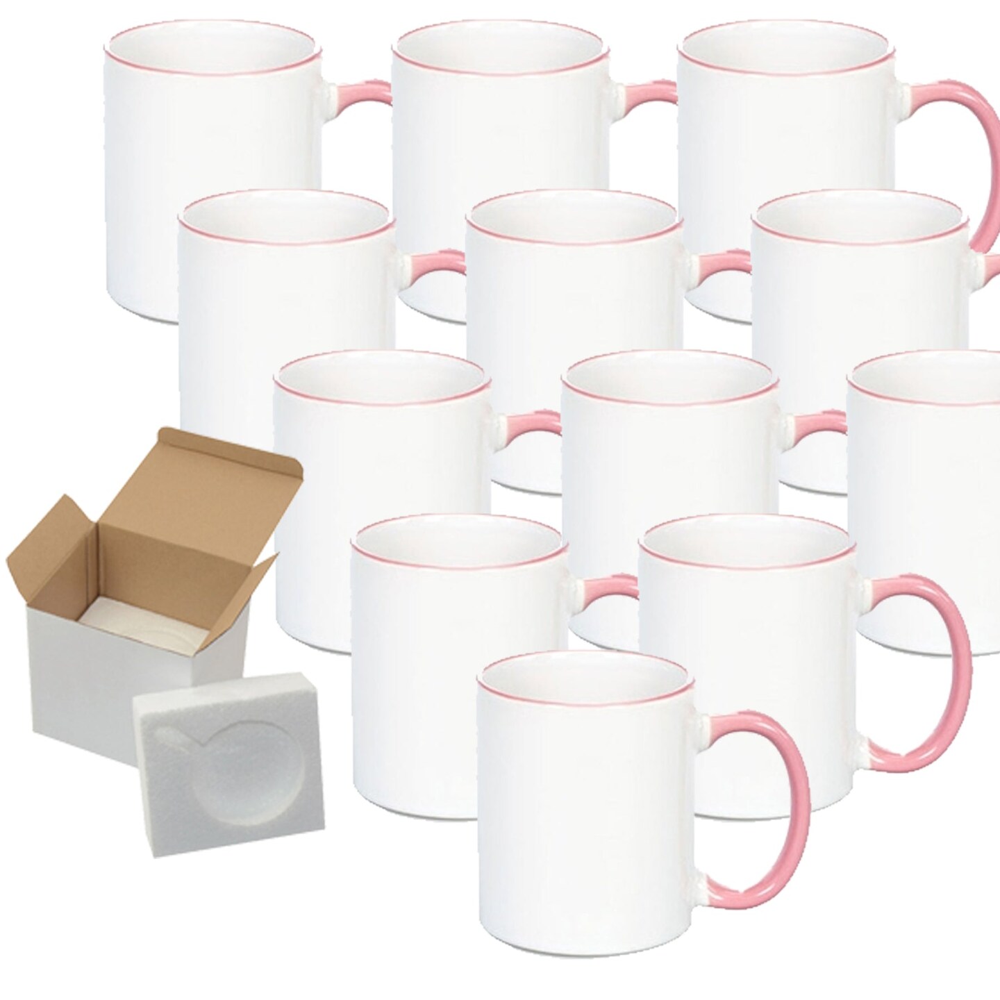 12 Pcs 11OZ Pink Rim & Handle Sublimation Mugs With Foam Support Boxes