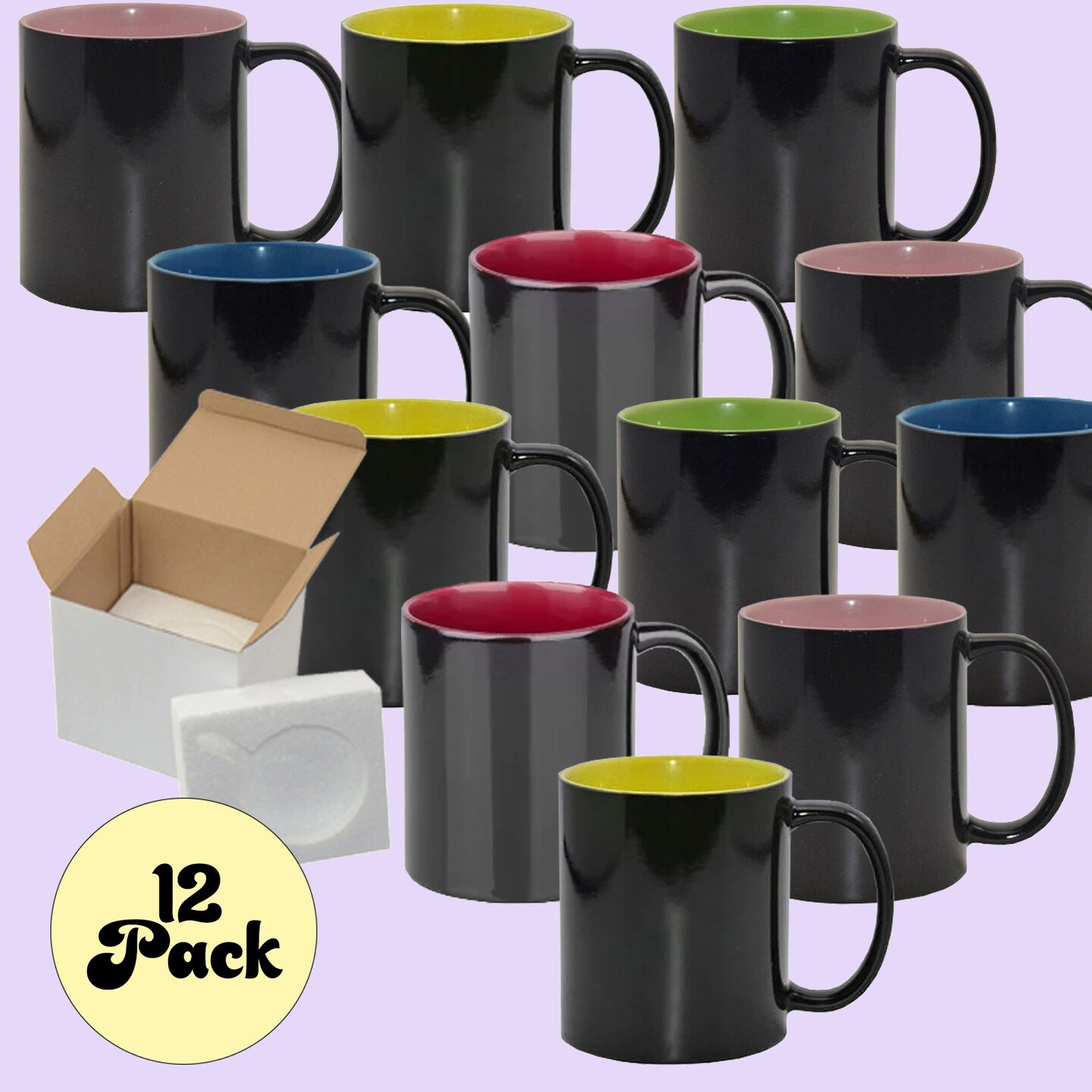 12 Pack 11oz Mixed Inner Magic Color Changing Sublimation Mugs - Cardboard Box with Foam Supports