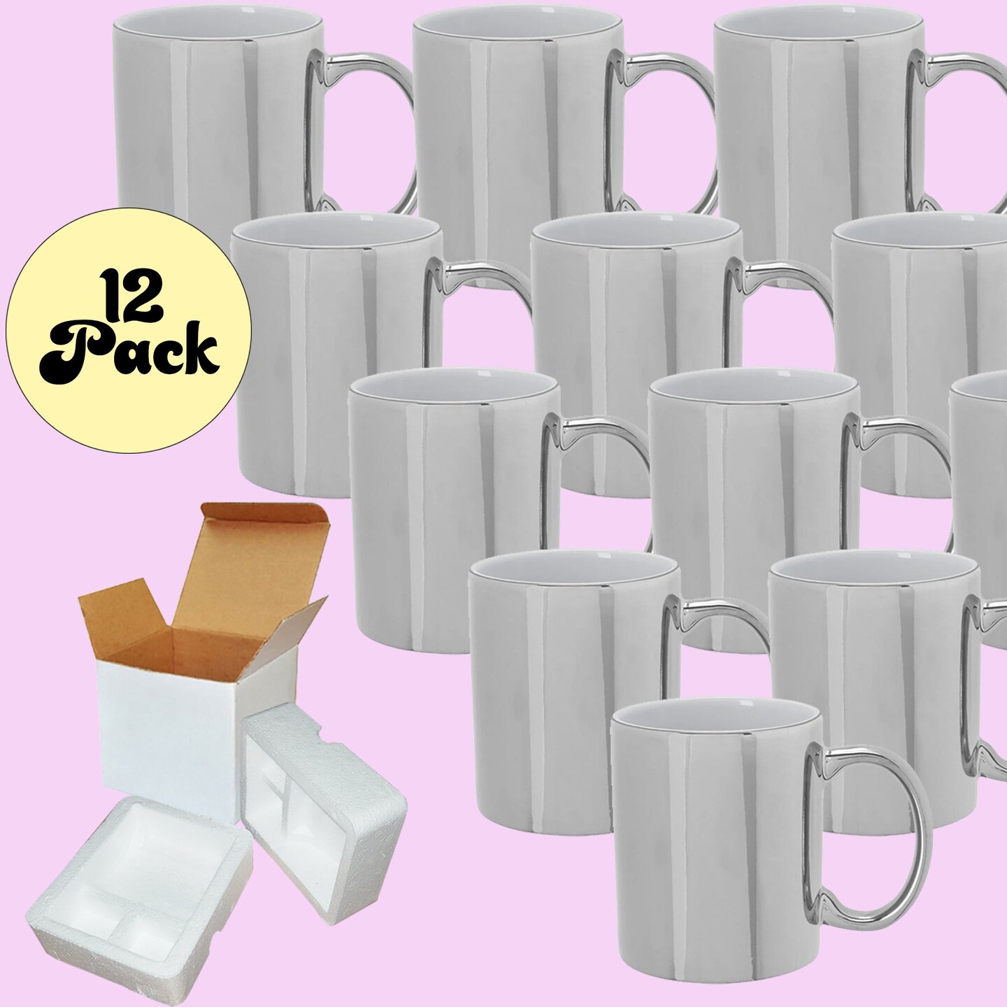 12 Pack of 11OZ METALLIC SILVER inner &#x26; Handle Sublimation Ceramic Mugs - Professional Grade - Cardboard Box with Foam Supports