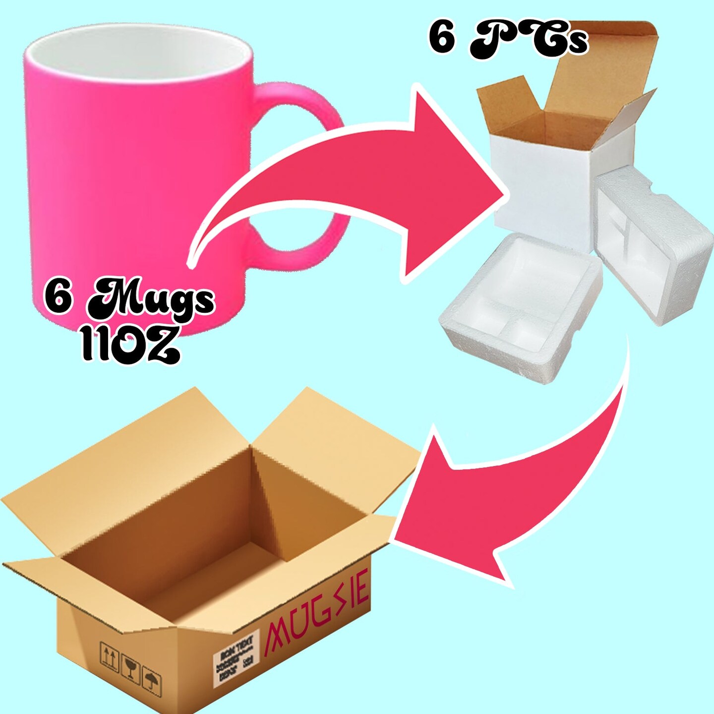 6 PACK 11OZ PINK Fluorescent / Neon Sublimation Mugs with Foam Supports Cardboard Boxes