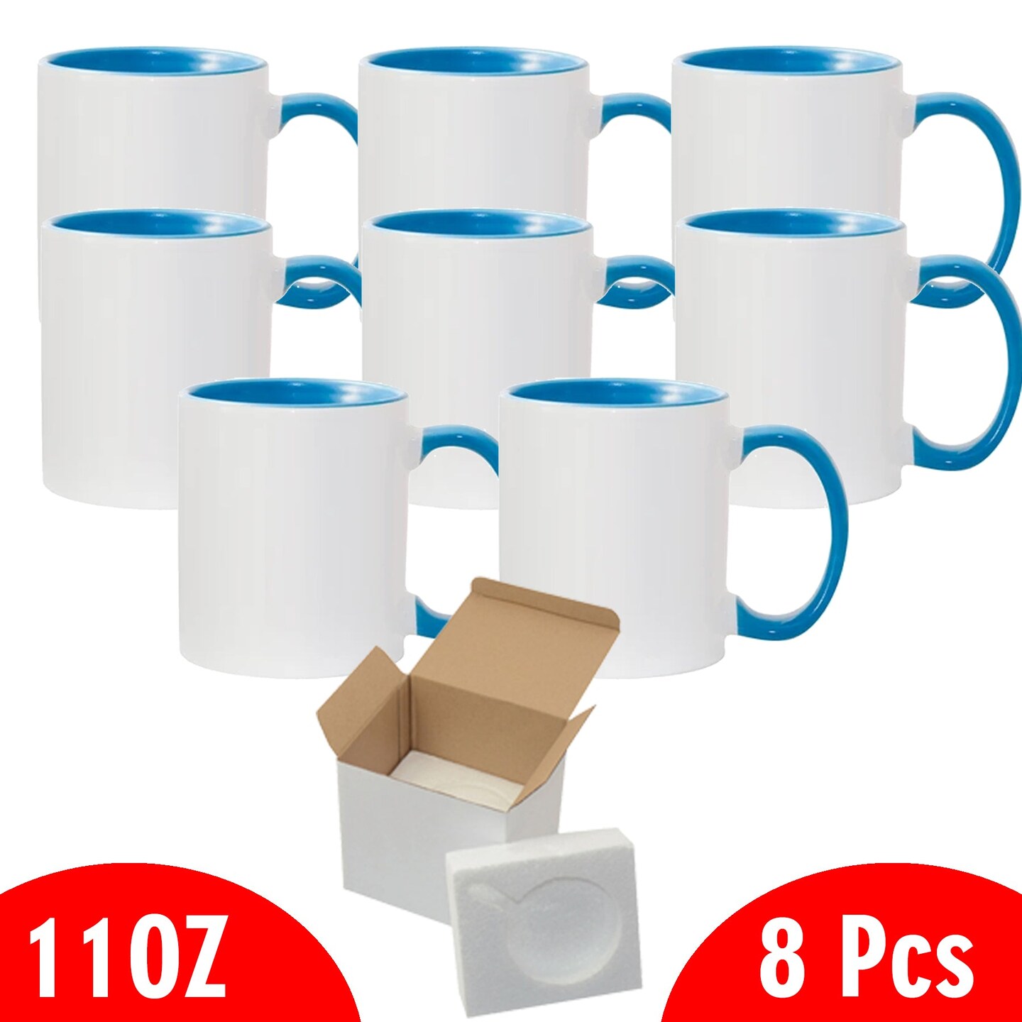 8 Pcs 11OZ Light Blue Inner & Handle Sublimation Mugs With Foam Support Boxes