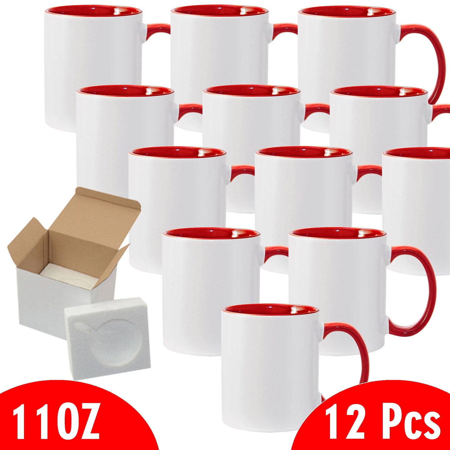 11 oz White Ceramic Sublimation Coffee Mug with RED Colors Inside/Handle - Cardboard Box with Foam Supports Case of 12