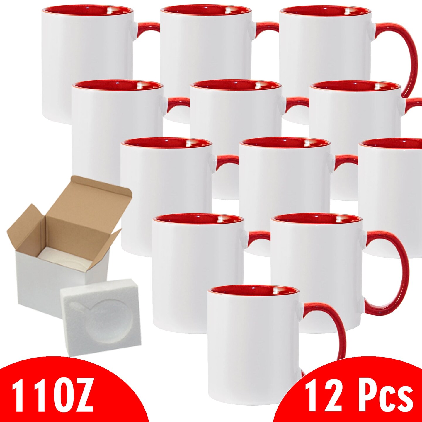 11 Oz White Ceramic Sublimation Coffee Mug With Red Colors Inside Handle Cardboard Box With