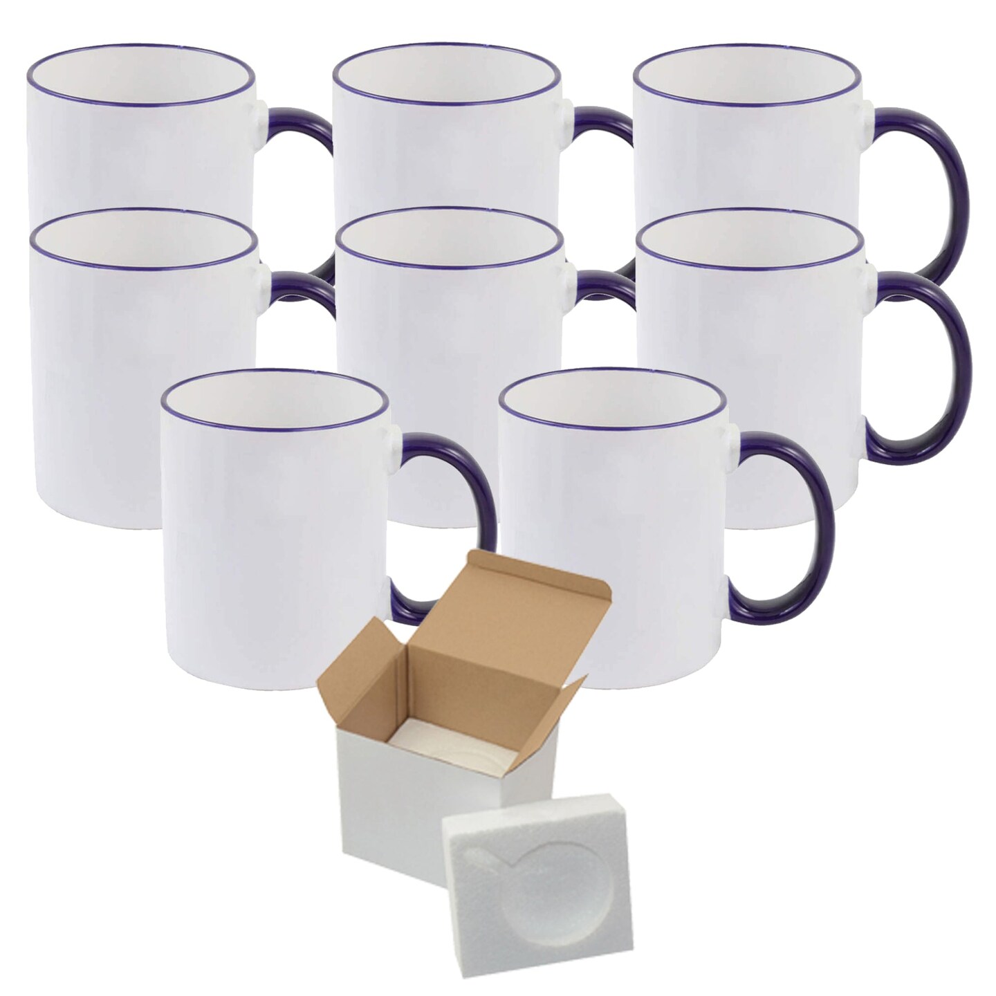 8 Pcs 11OZ Dark Blue Rim & Handle Sublimation Mugs With Foam Support Boxes