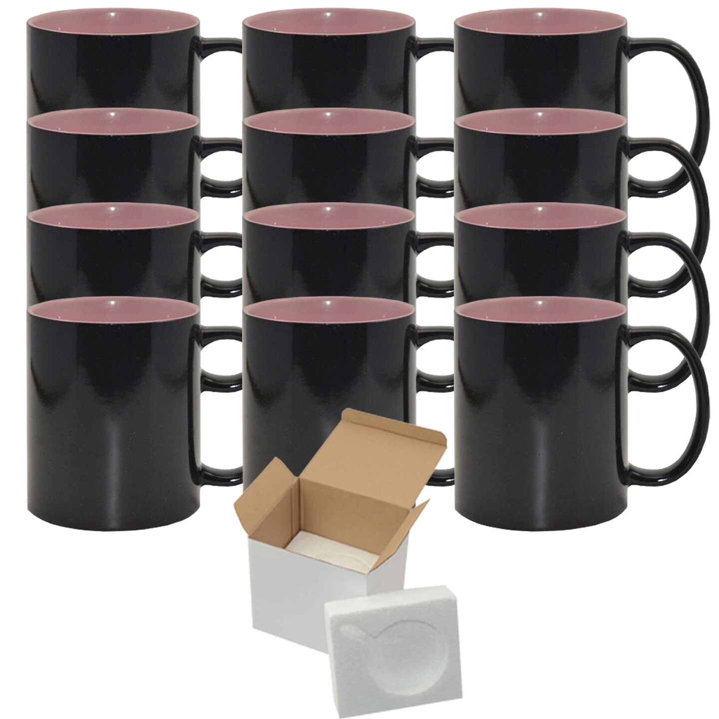 12 Pack 15oz Pink Inner Magic Color Changing Sublimation Mugs - Cardboard Box with Foam Supports