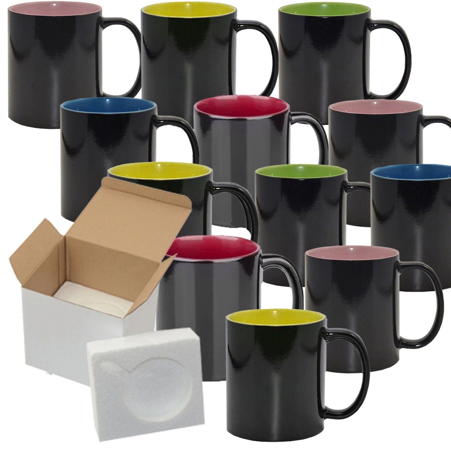 12 Pack 15oz Mixed Inner Magic Color Changing Sublimation Mugs - Cardboard Box with Foam Supports