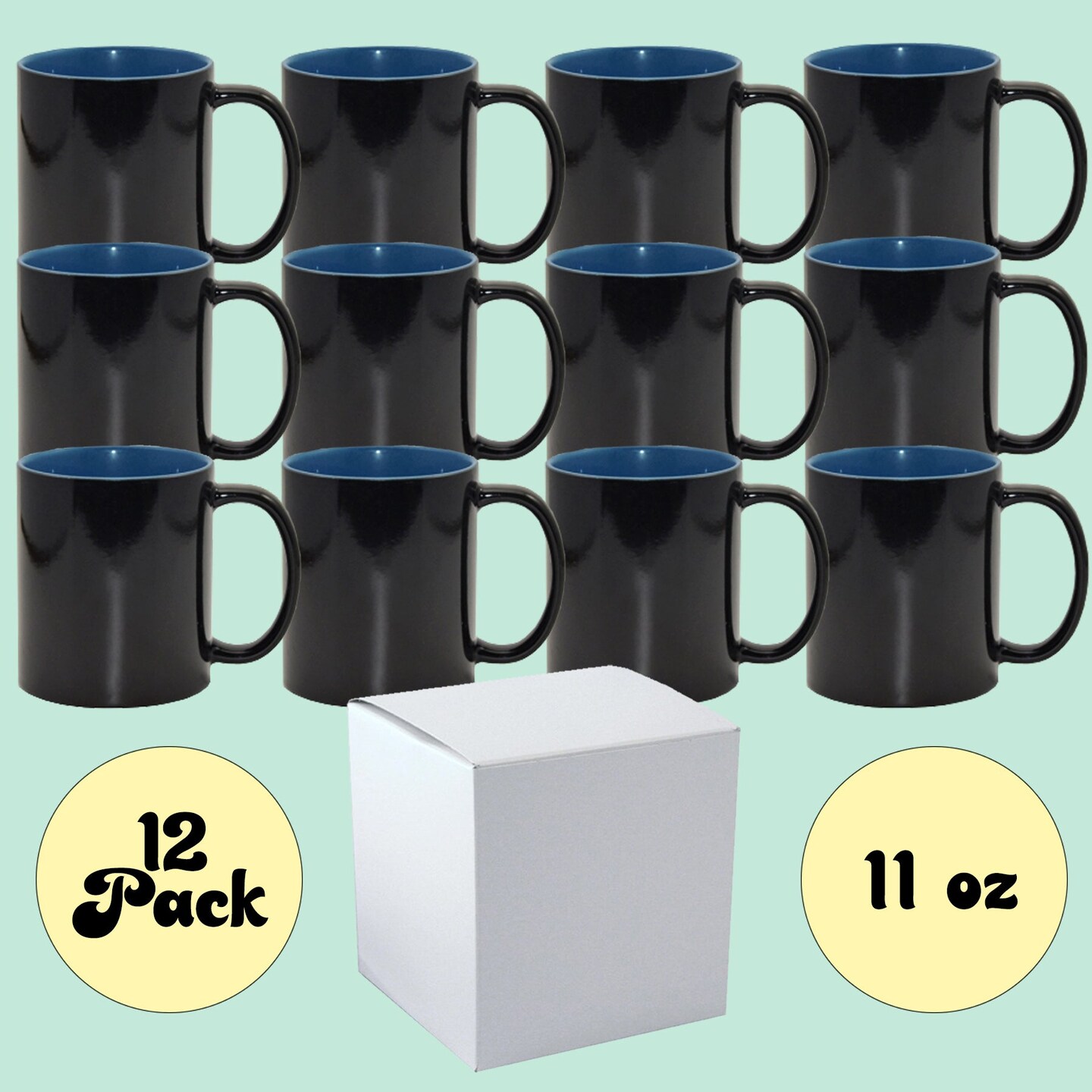 Set of 12 11 oz Magic Mugs BLUE INNER Professional Grade Sublimation Mug- Sublimation Series - With Individual White Gift Boxes