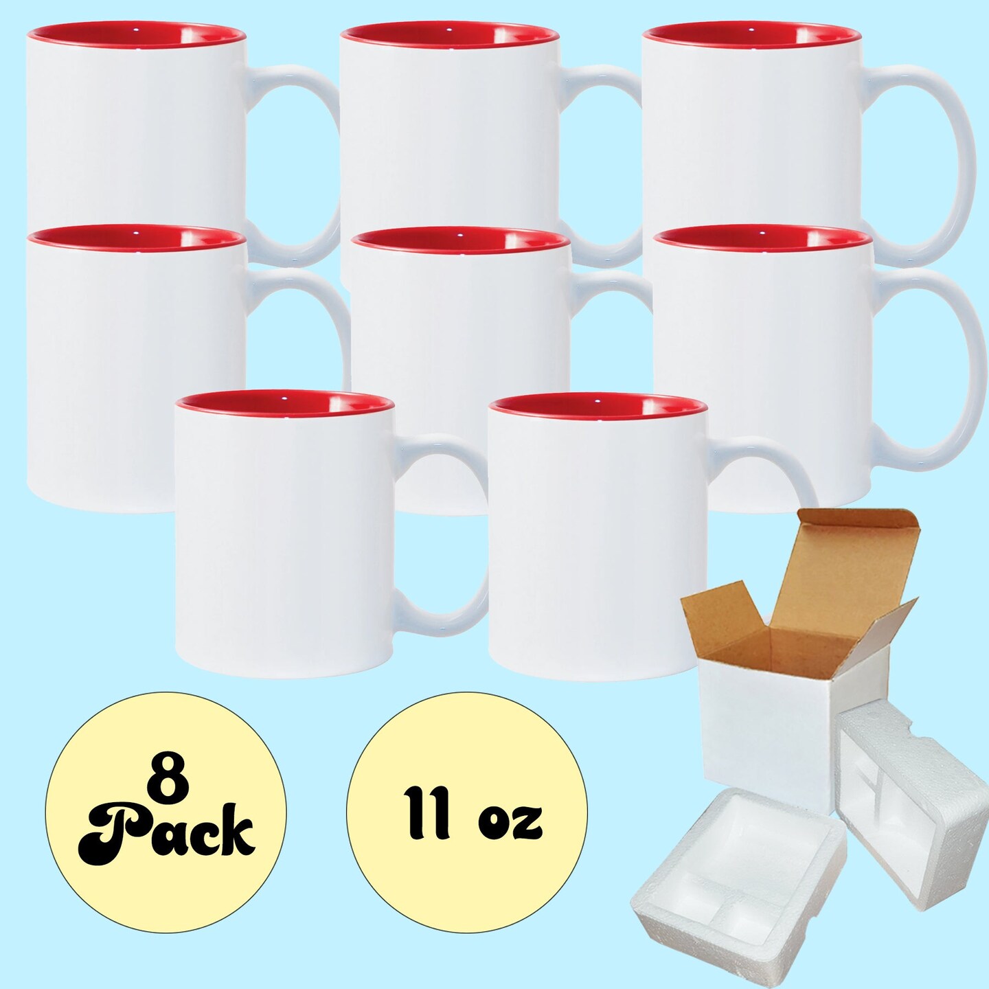 8 PACK 11 oz. Ceramic Mug - Two-Tone - Red - Cardboard Box with Foam Supports