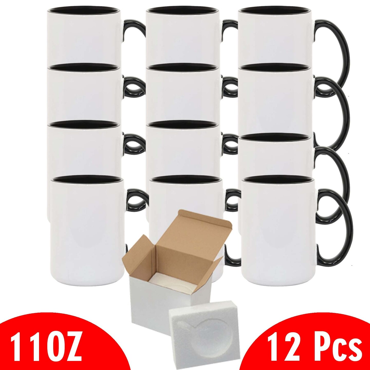 12 Pcs 11OZ Black Inside & Handle Sublimation Mugs With Foam Support Boxes