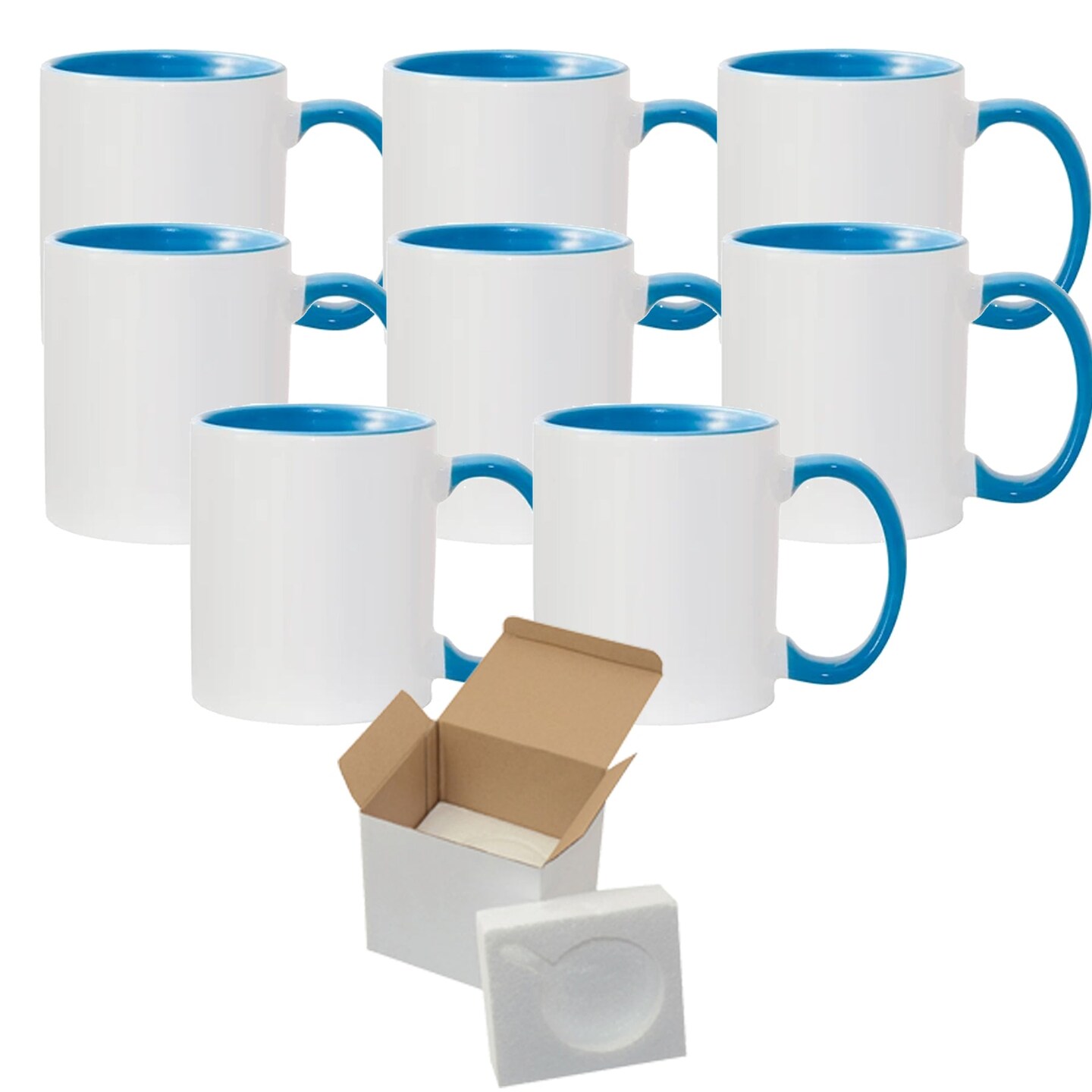 8 Pcs 11OZ Light Blue Inner & Handle Sublimation Mugs With Foam Support Boxes