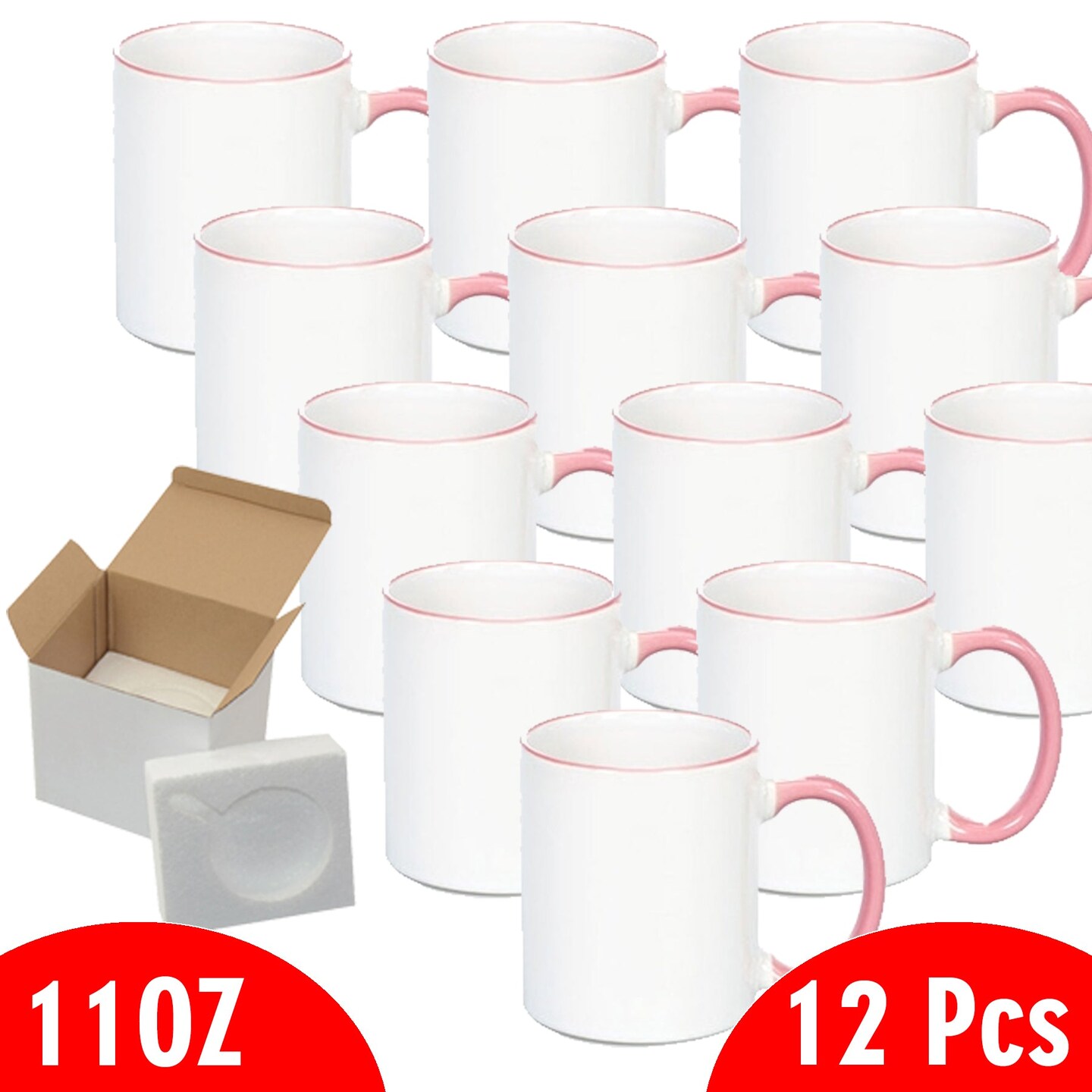 12 Pcs 11OZ Pink Rim & Handle Sublimation Mugs With Foam Support Boxes