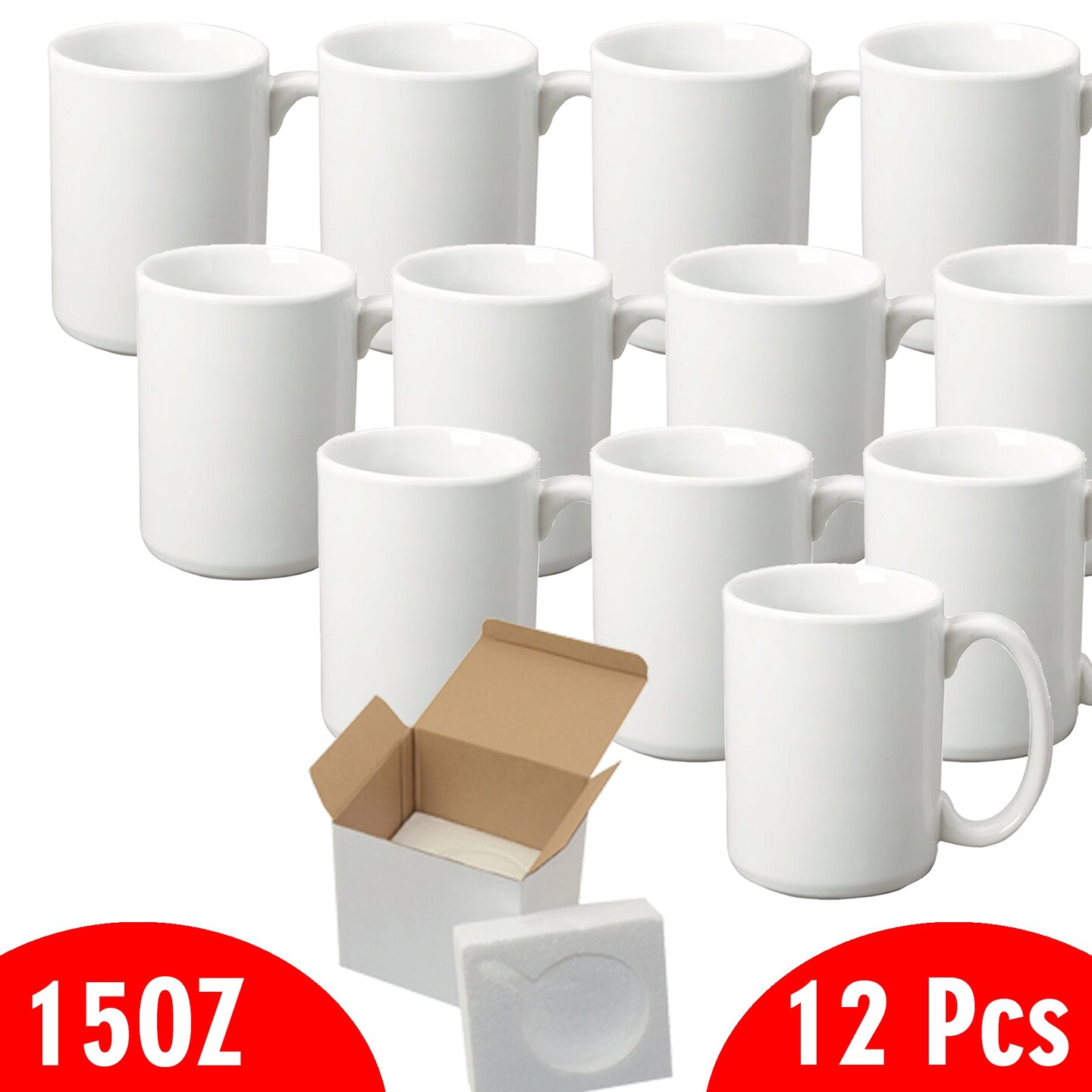 Case of 12 15oz Sublimation Mugs With Gift Mug Box. Mugs - Cardboard Box with Foam Supports