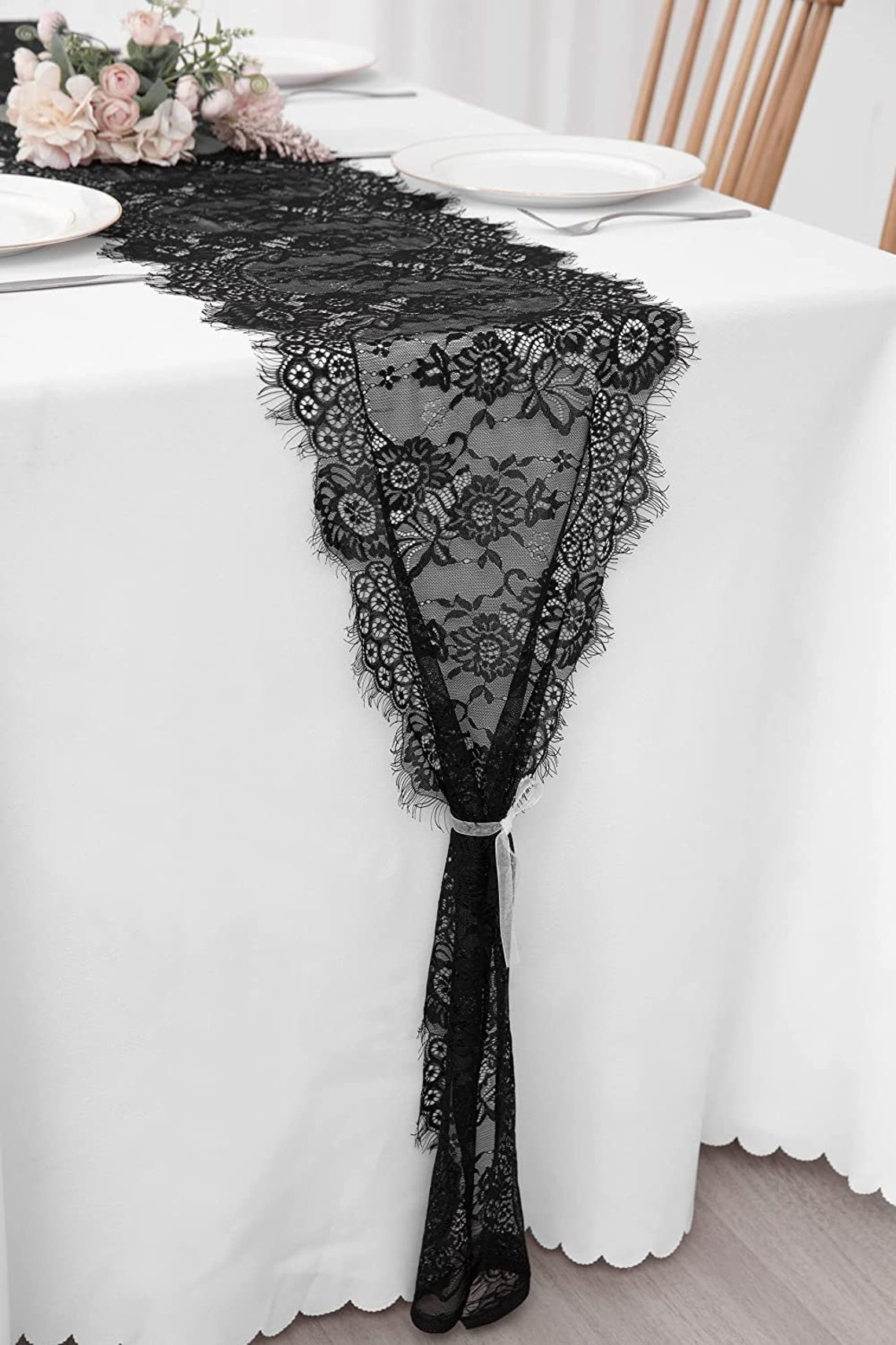 Lace Table Runner Vintage Black Lace Rustic Wedding Table Decor 14 x 120 inches Long