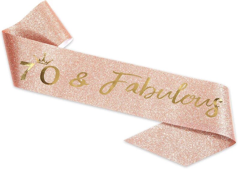70th Birthday Tiara and Glitter Sash Rose Gold Woman