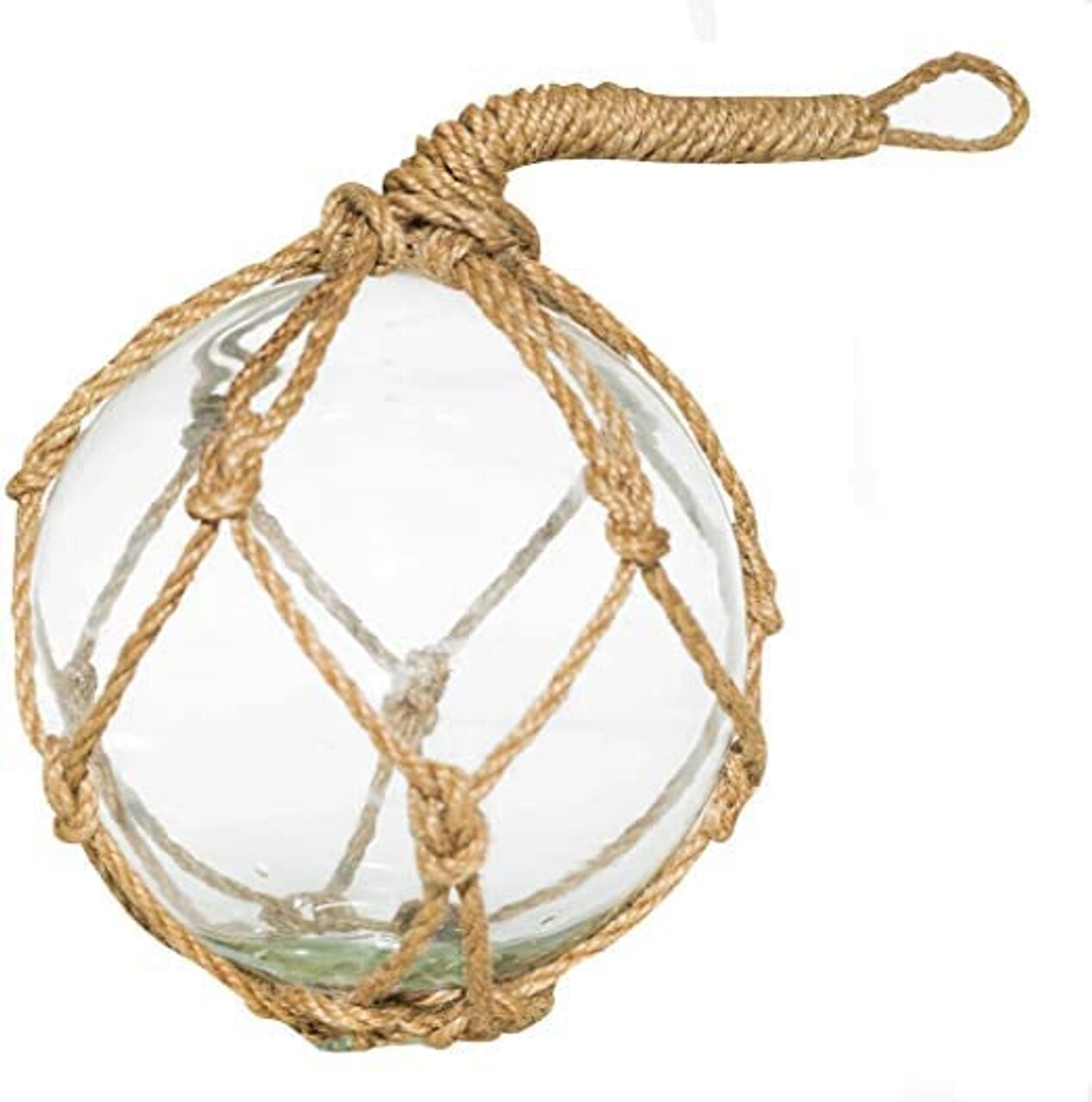Glass Fishing Float, 5" Clear Japanese Glass Buoy with Rope for Decoration