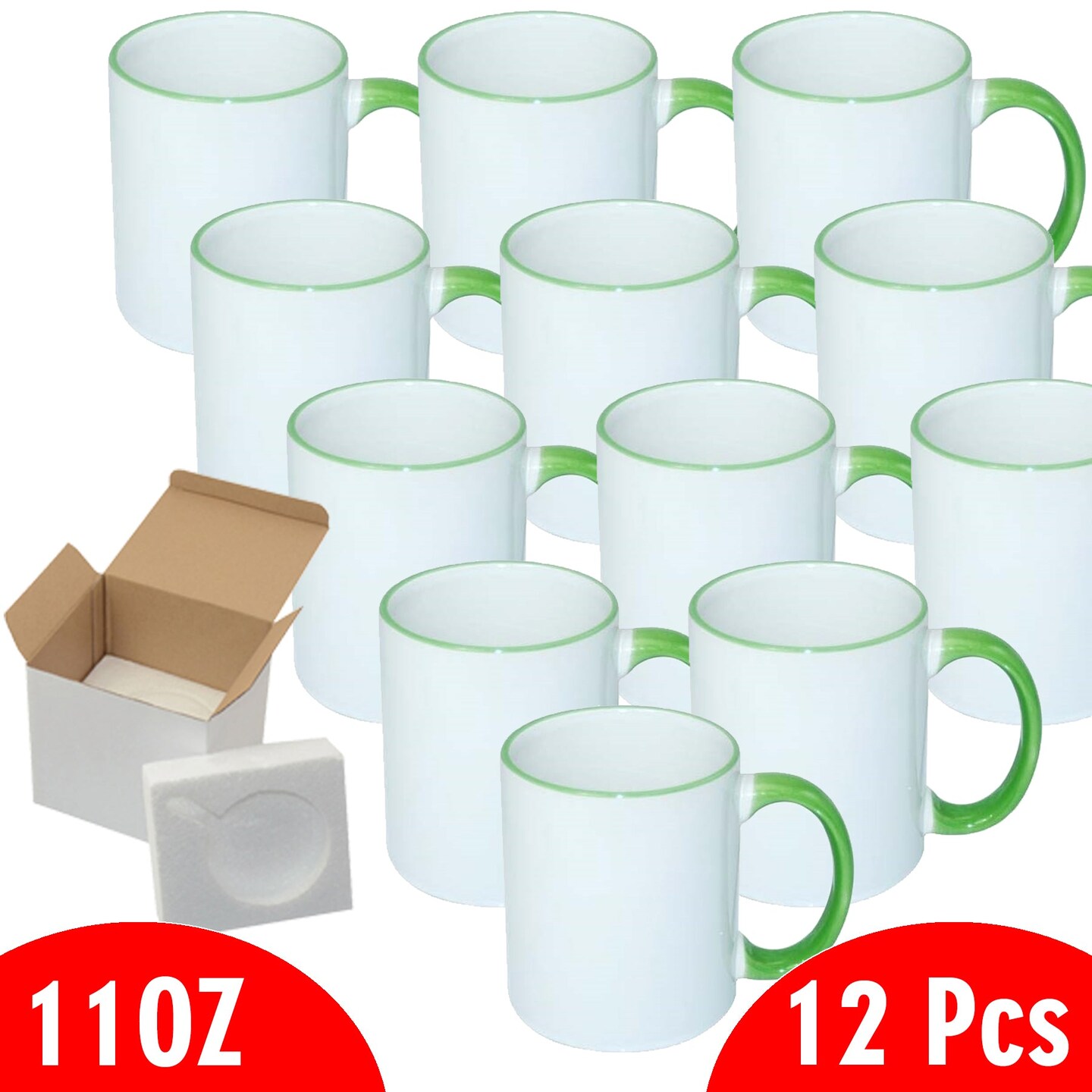 12 Pcs 11OZ Light Green Rim & Handle Sublimation Mugs With Foam Support Boxes