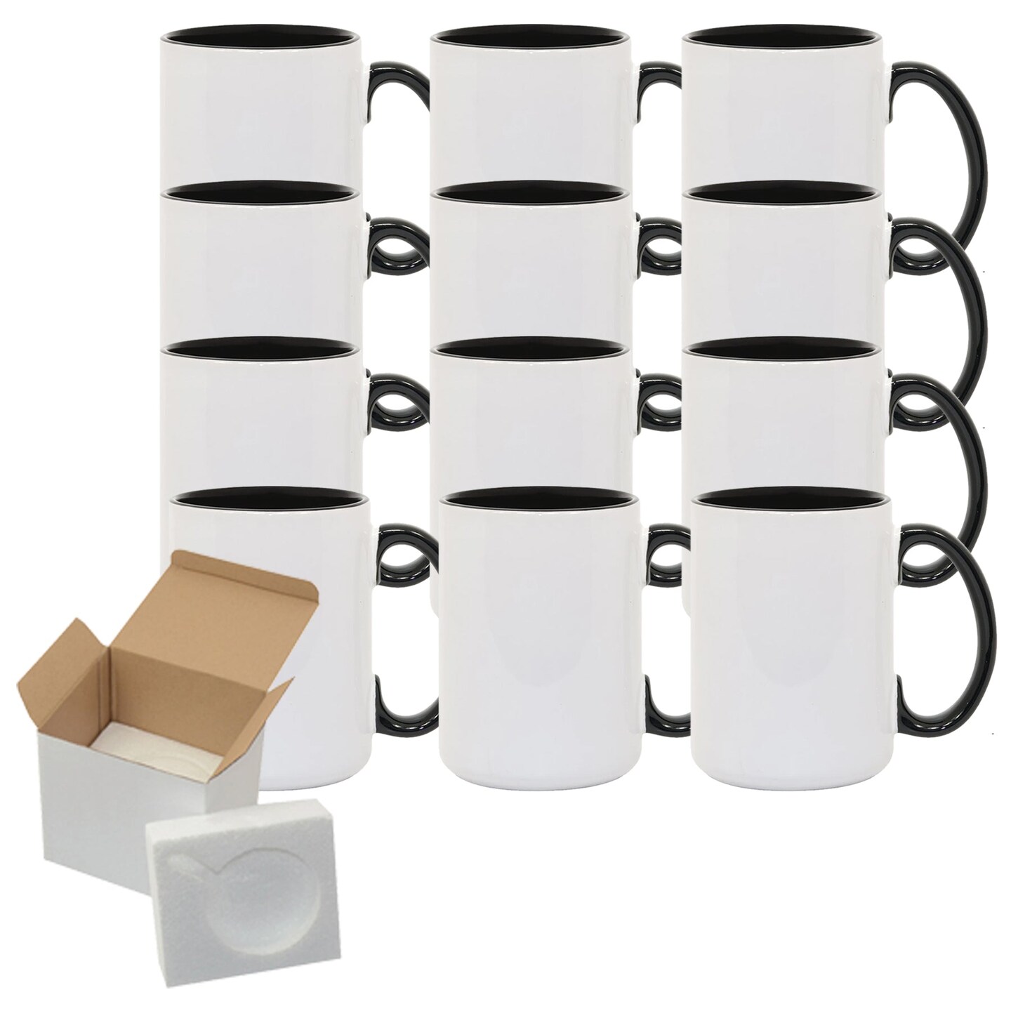 Mugsie | 12 Pcs 15oz El Grande Black Inside & Handle Sublimation Mugs with Foam Support Boxes