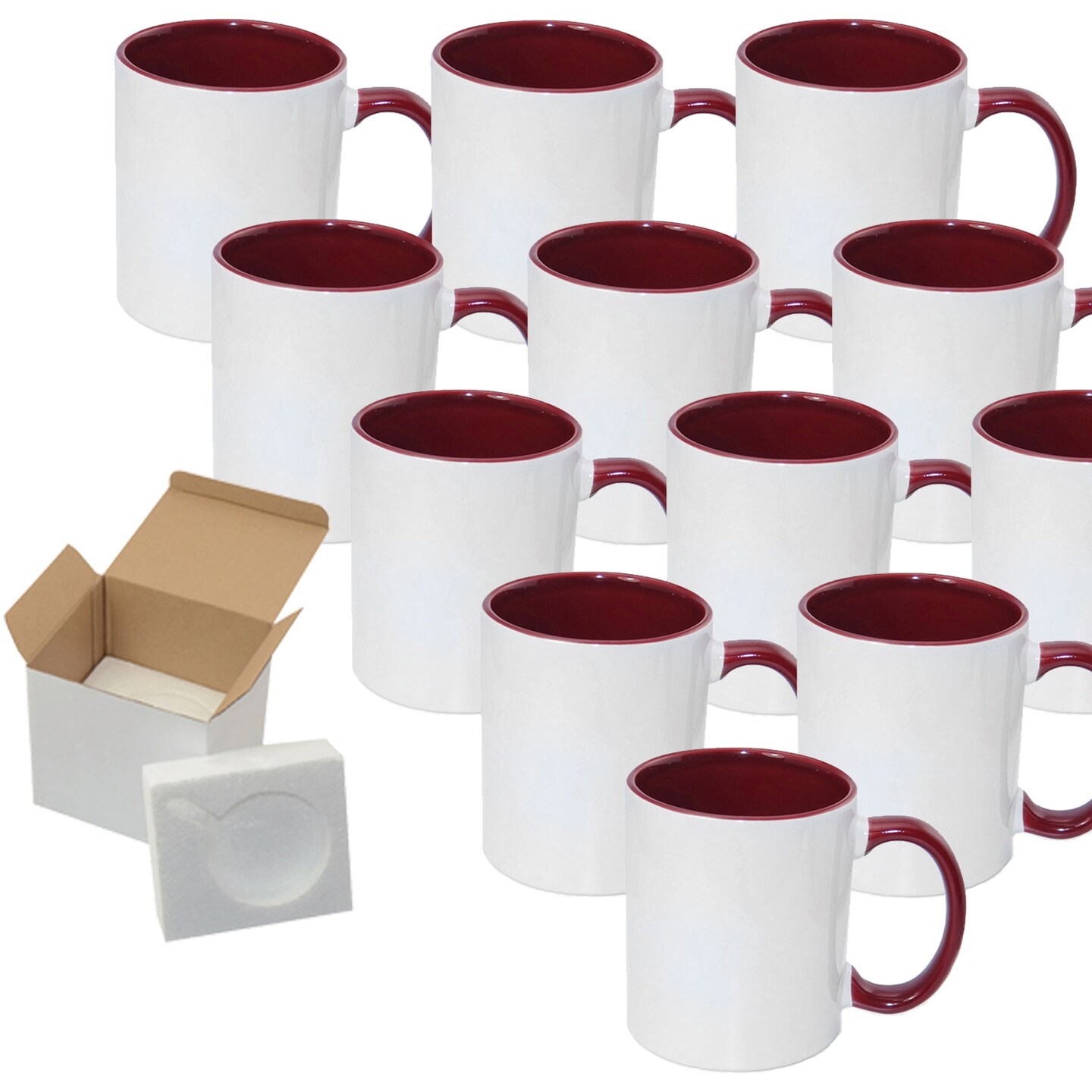 11 oz White Ceramic Sublimation Coffee Mug with DARK RED Color Inside/Handle - Cardboard Box with Foam Supports Case of 12