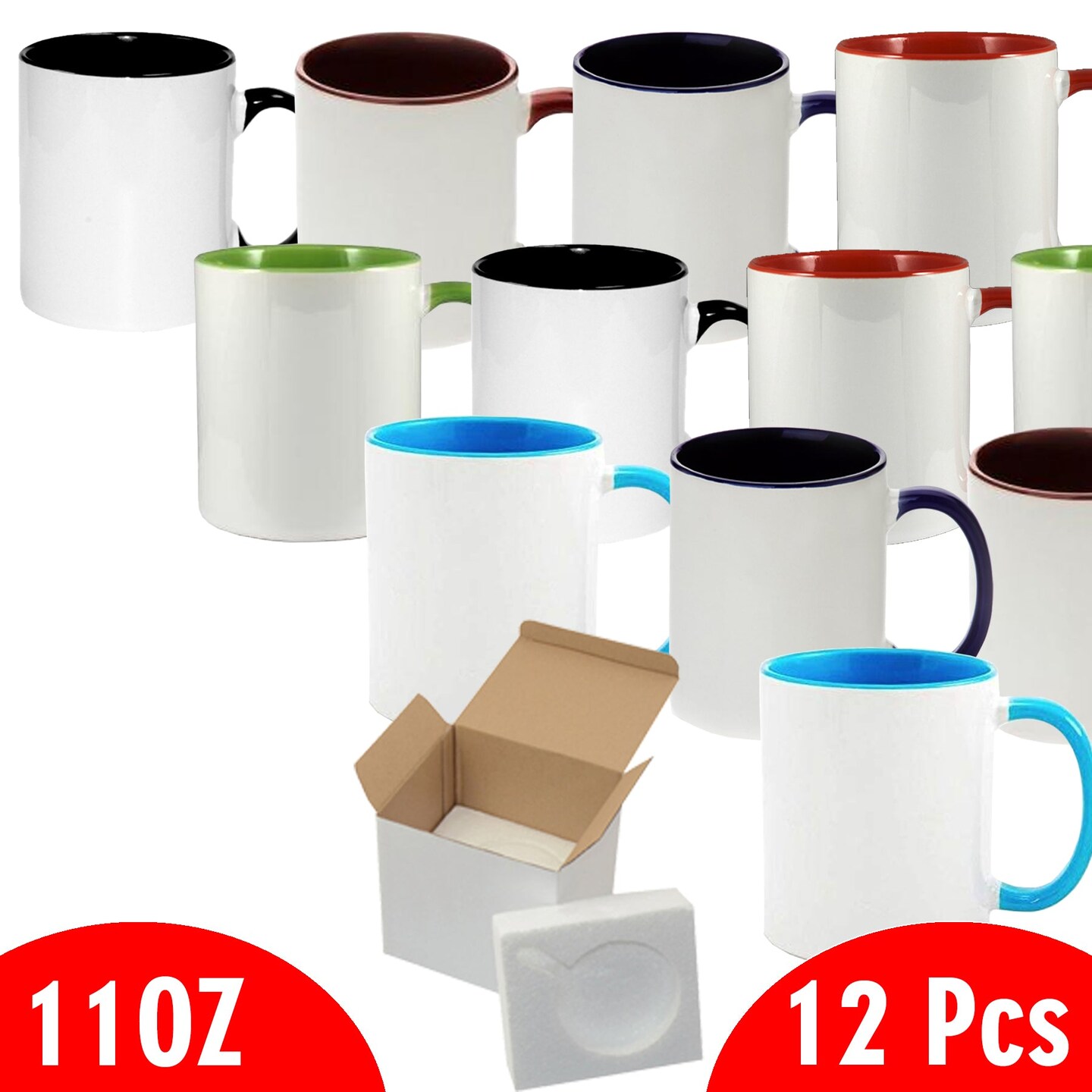 11 oz White Ceramic Sublimation Coffee Mug with MIX Colors Inside/Handle - Cardboard Box with Foam Supports Case of 12